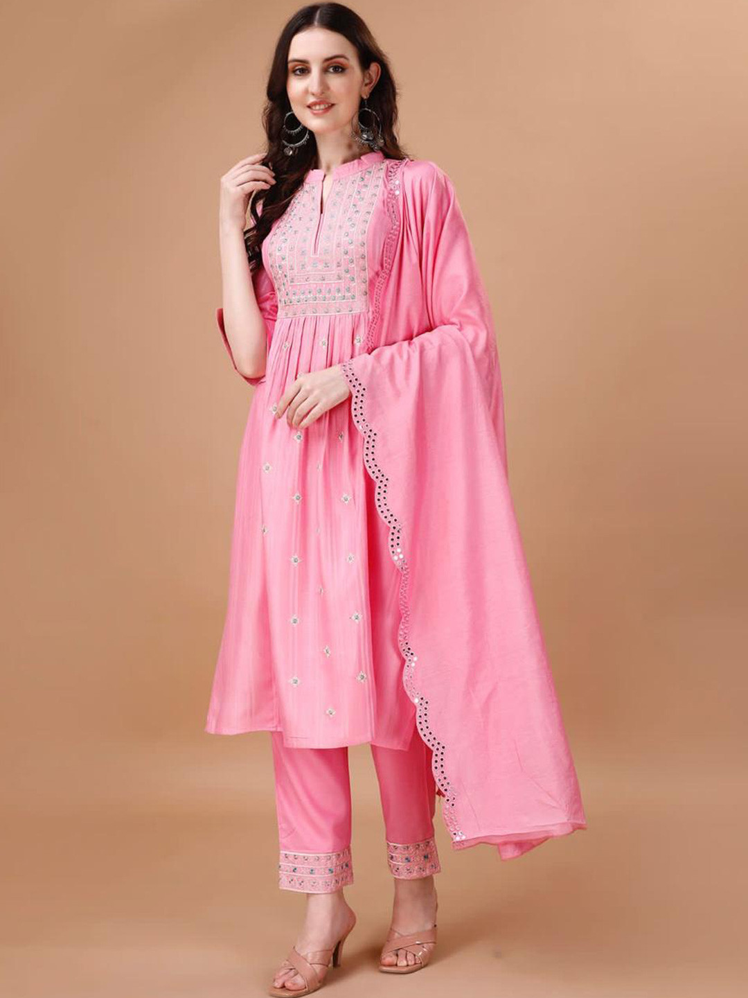 VARAMYA Floral Embroidered Mirror Work Pure Cotton Kurta & Trouser & Dupatta