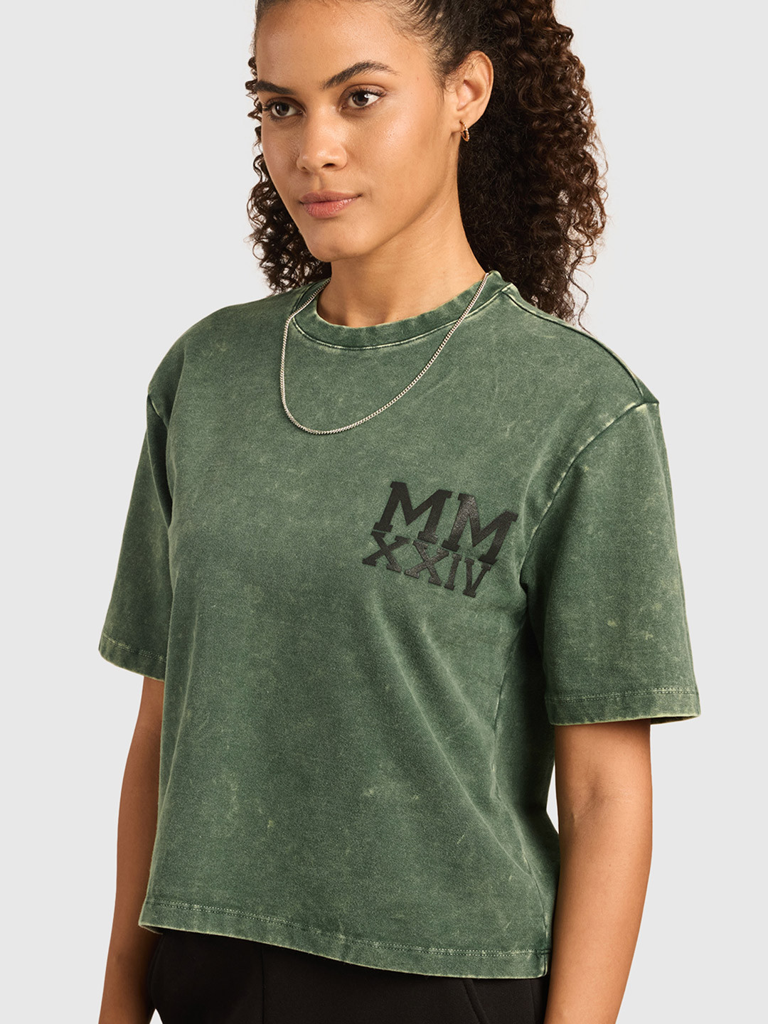 Musclemind Women Typography Printed Acid Wash Cotton Oversized T-shirt