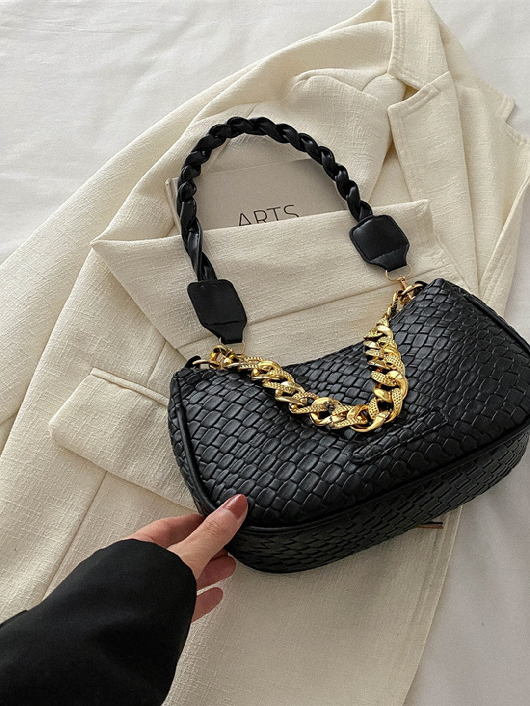 CORSICA Women Black & Gold-Toned Textured PU Shopper Shoulder Bag