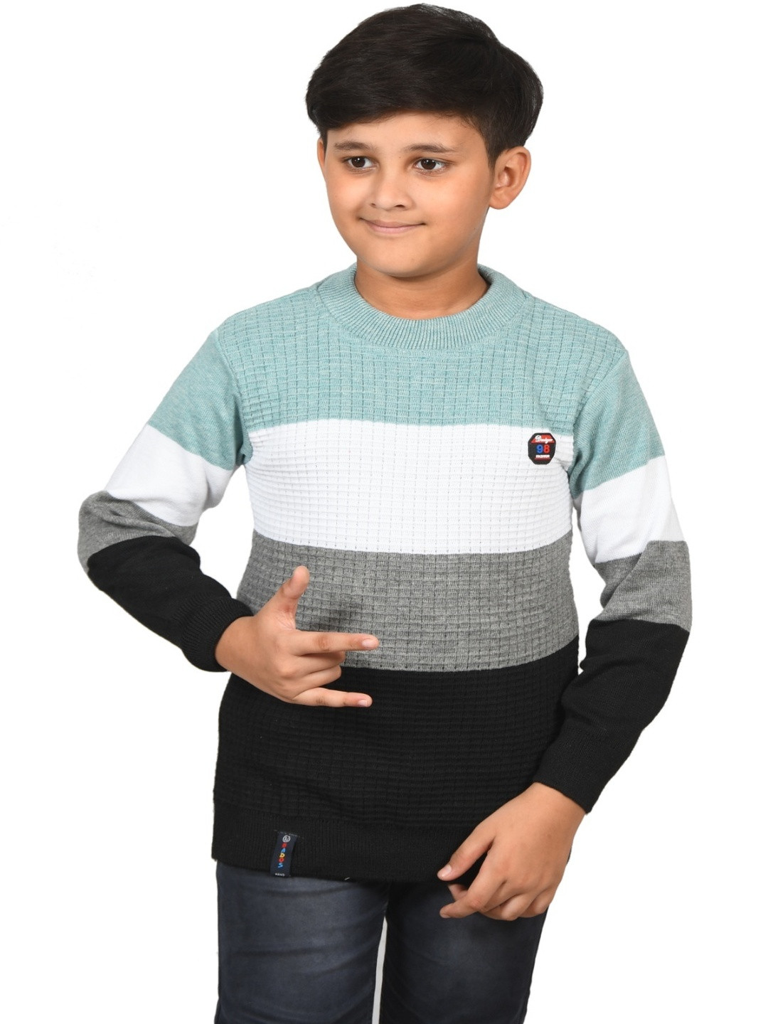 BADOS Kids Sea Green & White Colourblocked Pullover Sweater