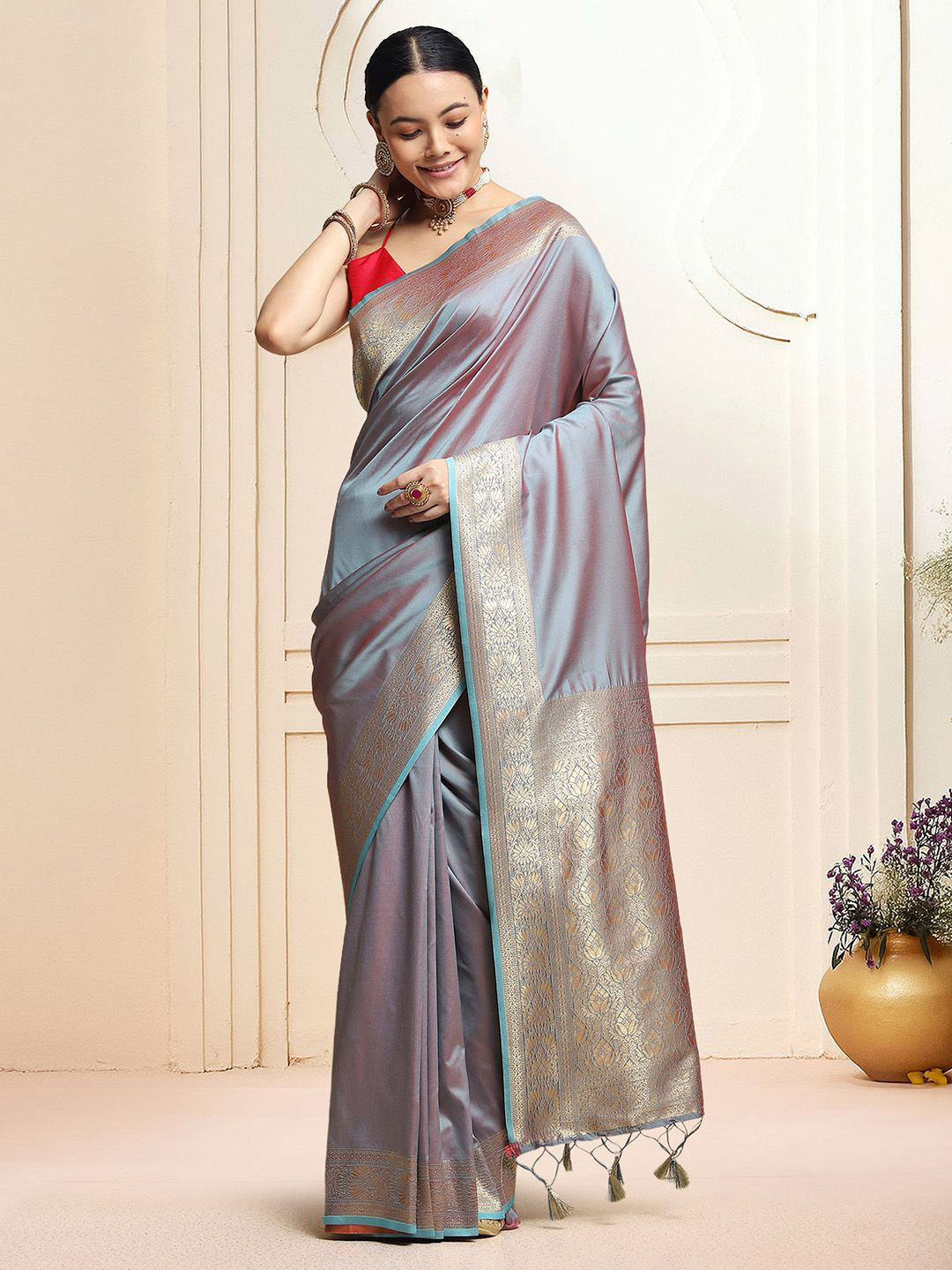 House of Pataudi Woven Design Zari Kanjeevaram Saree with Unstitched Blouse