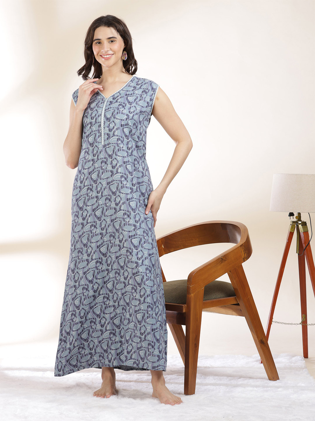 9shines Label  Women Printed Sleeveless Maxi Nightdress With Extra Sleeves Attached