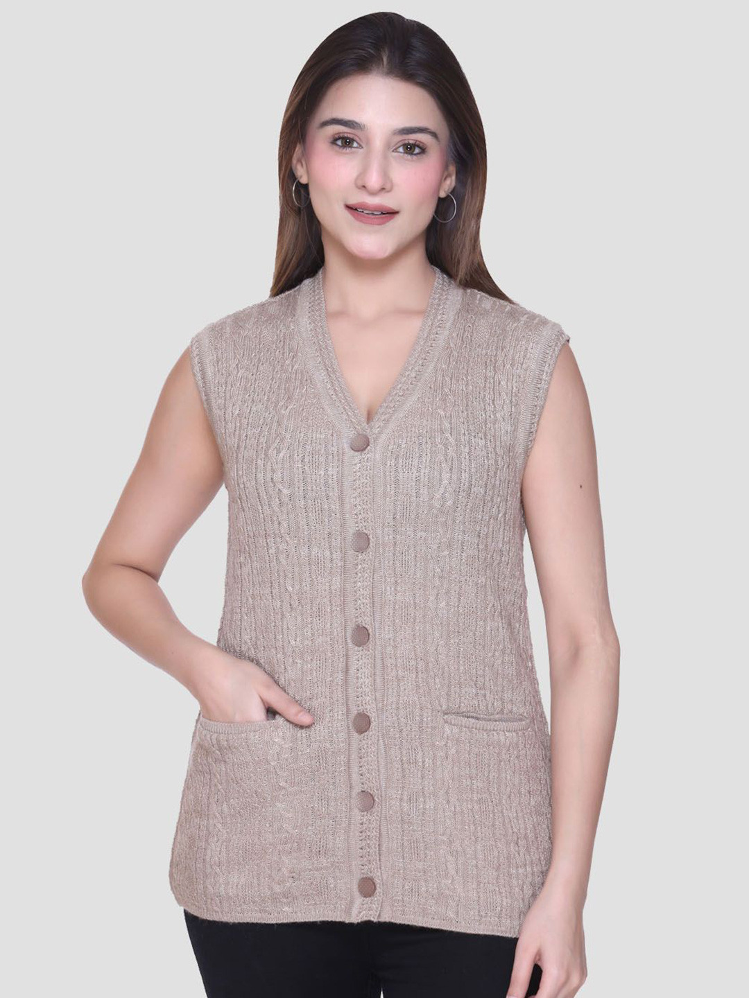 aarbee Women Cable Knit Sleeveless Woollen Cardigan