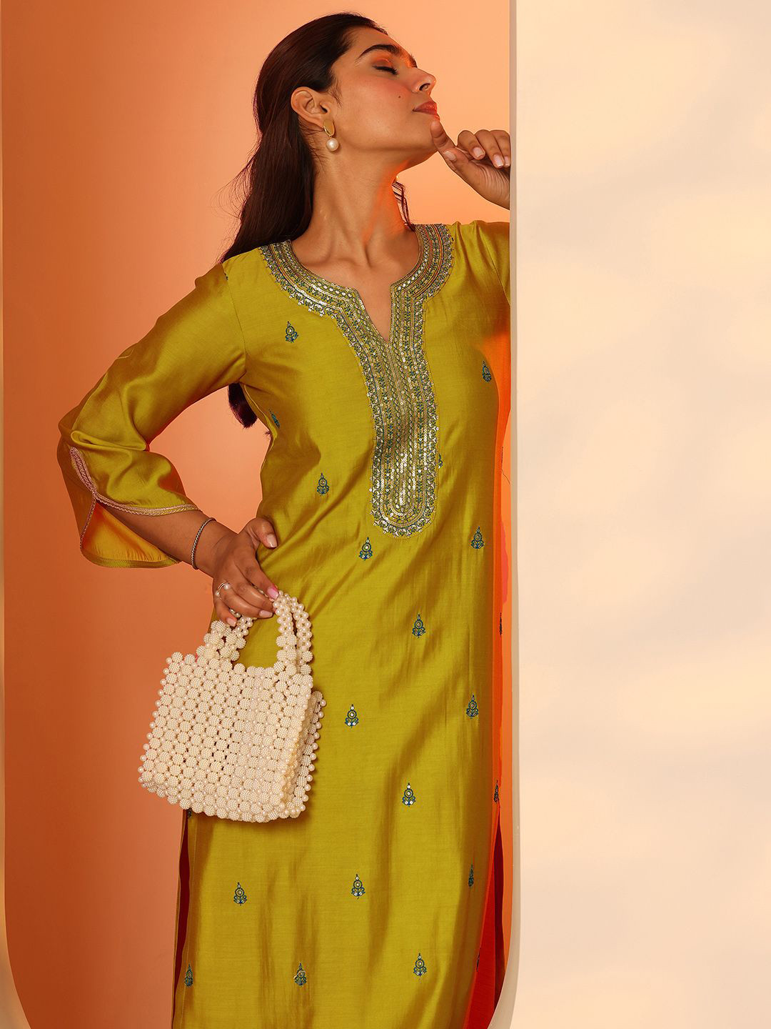 Libas Ethnic Motifs Embroidered Notch Neck Thread Work Silk Straight Kurta