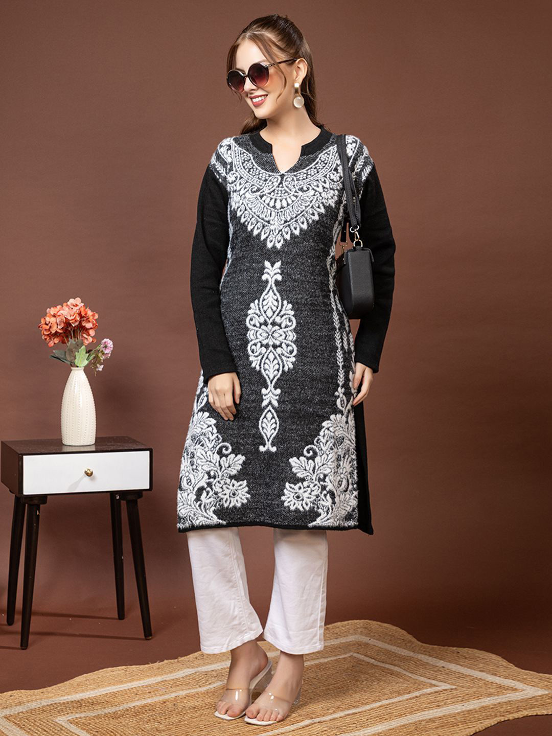 TYSORT Floral Printed Mandarin Collar Woollen Kurta