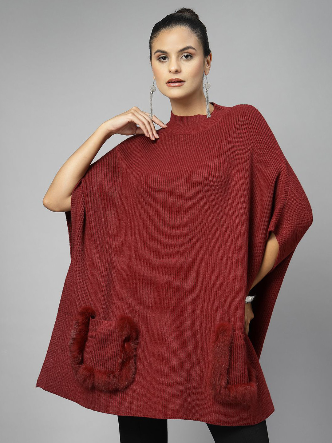 Mafadeny Women's High-Neck with Faux Fur-Trimmed Pockets Poncho