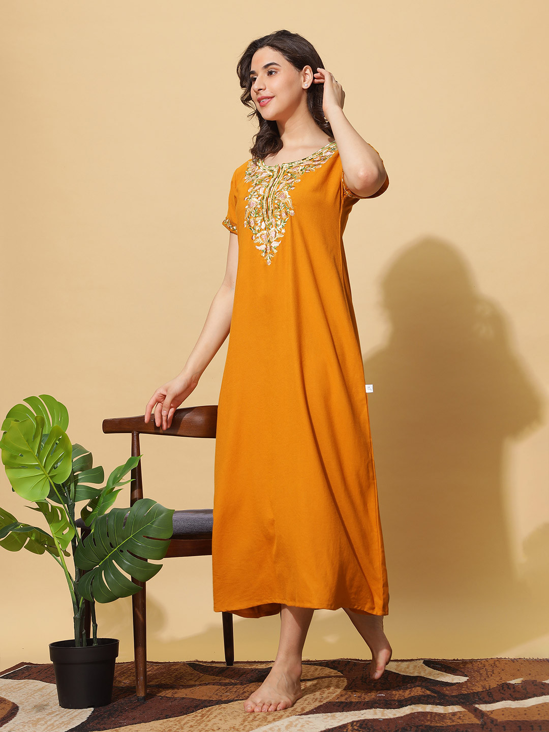 9shines Label Mustard Yellow Embroidered Maxi Nightdress