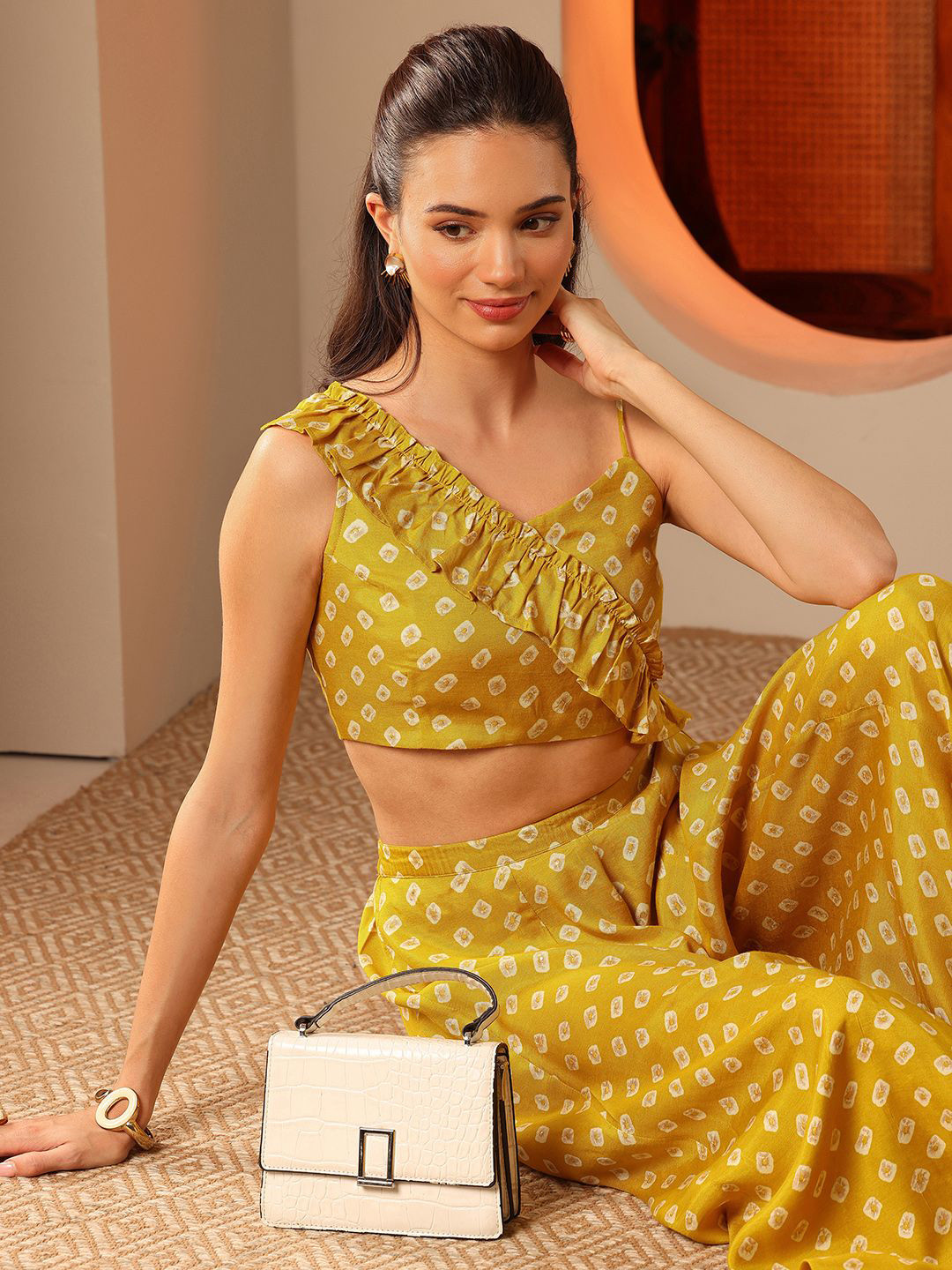 Libas Bandhani Printed Ruffles Top With Wide Leg Palazzos Co-Ords
