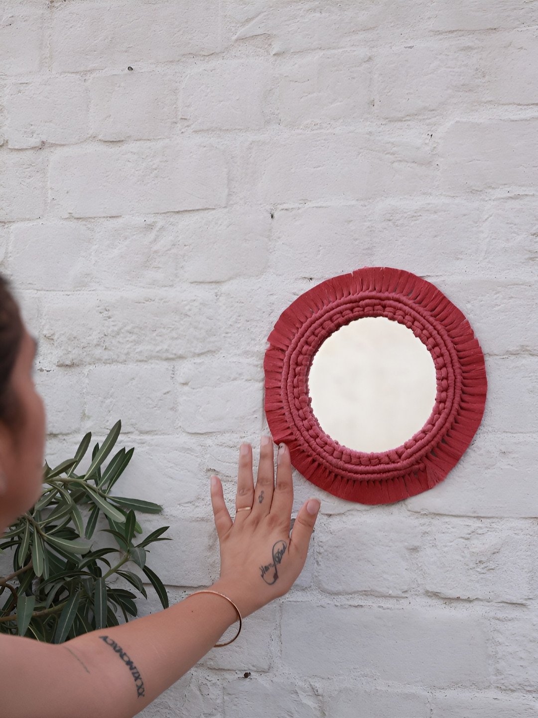 Story of Knots Pink Bohemian Handmade Macrame Round Wall Mirror