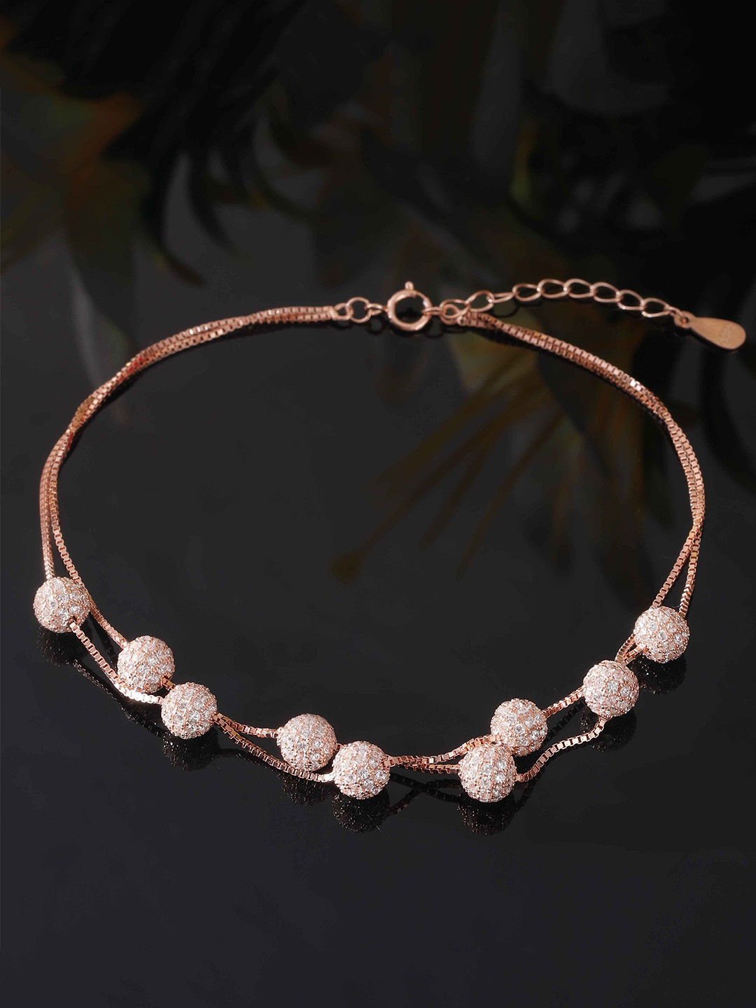 DIAVO Silver Rose Gold-Plated Artificial Beaded Diana Glittering Spheres Anklet