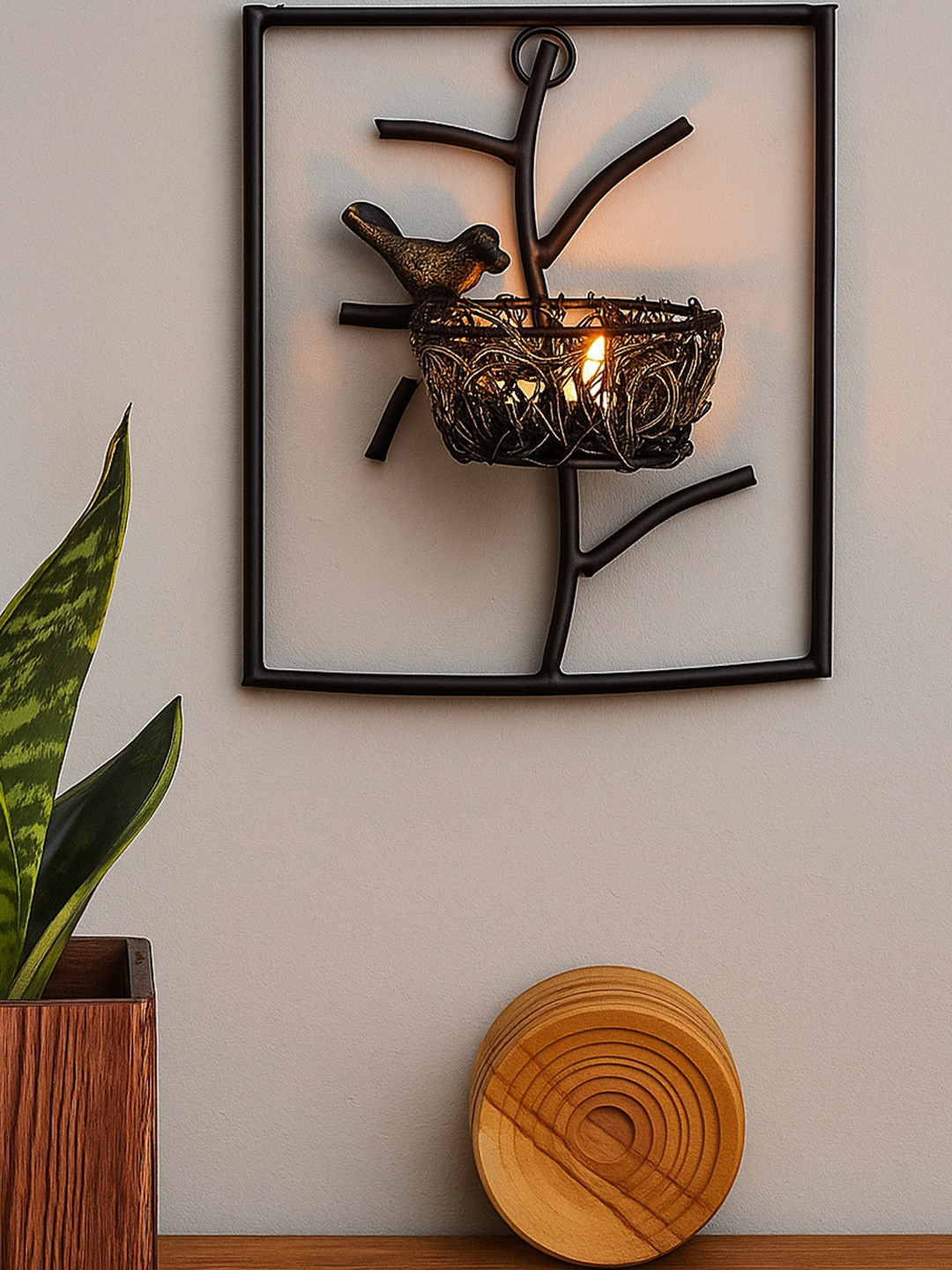 Decorcity Bird And Nest Design Black Iron Candle Stand