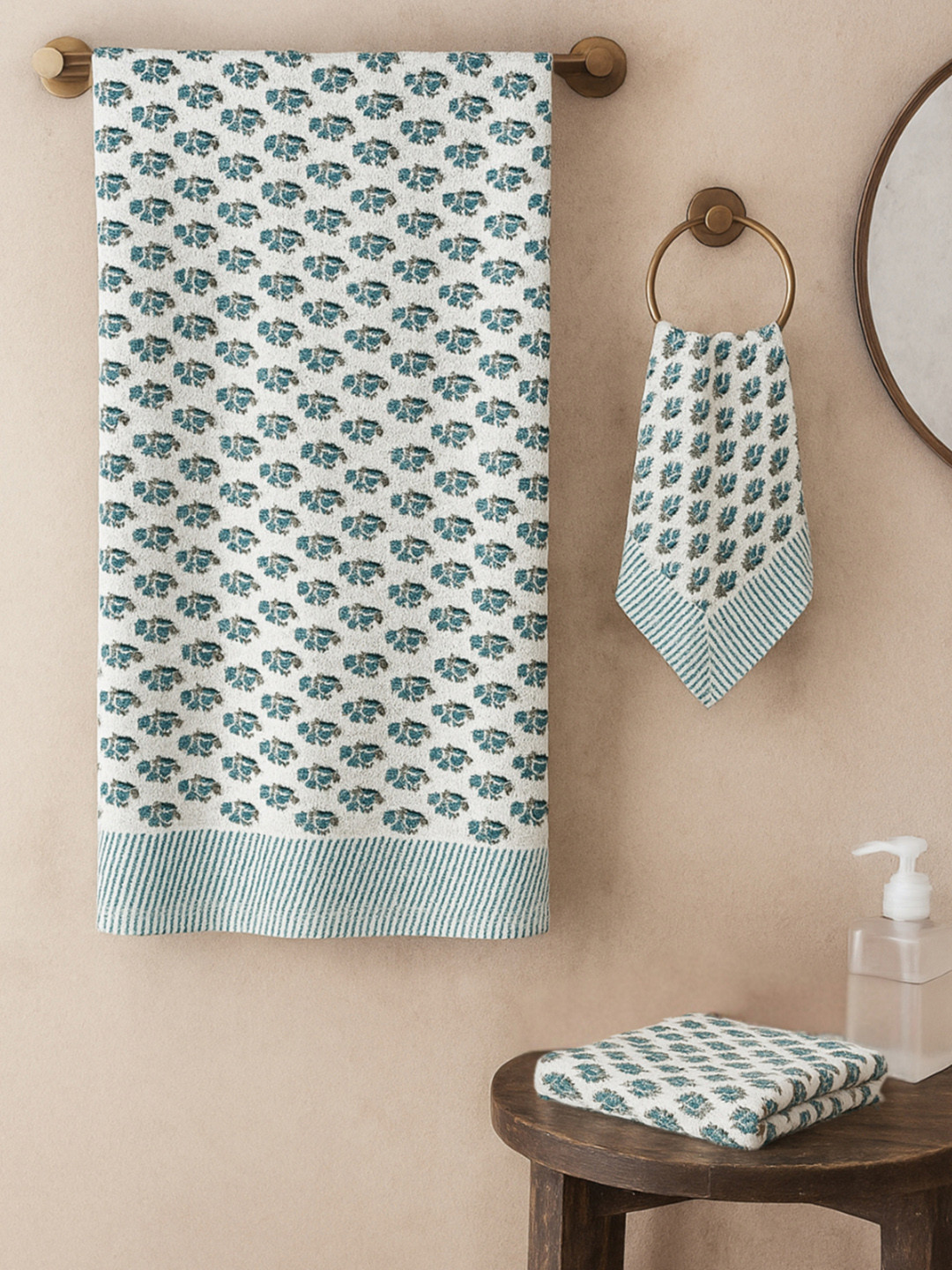 LIVING ROOTS Blue 3 Pieces Block Printed 210 GSM Waffle Cotton Soft & Absorbent Towel Set