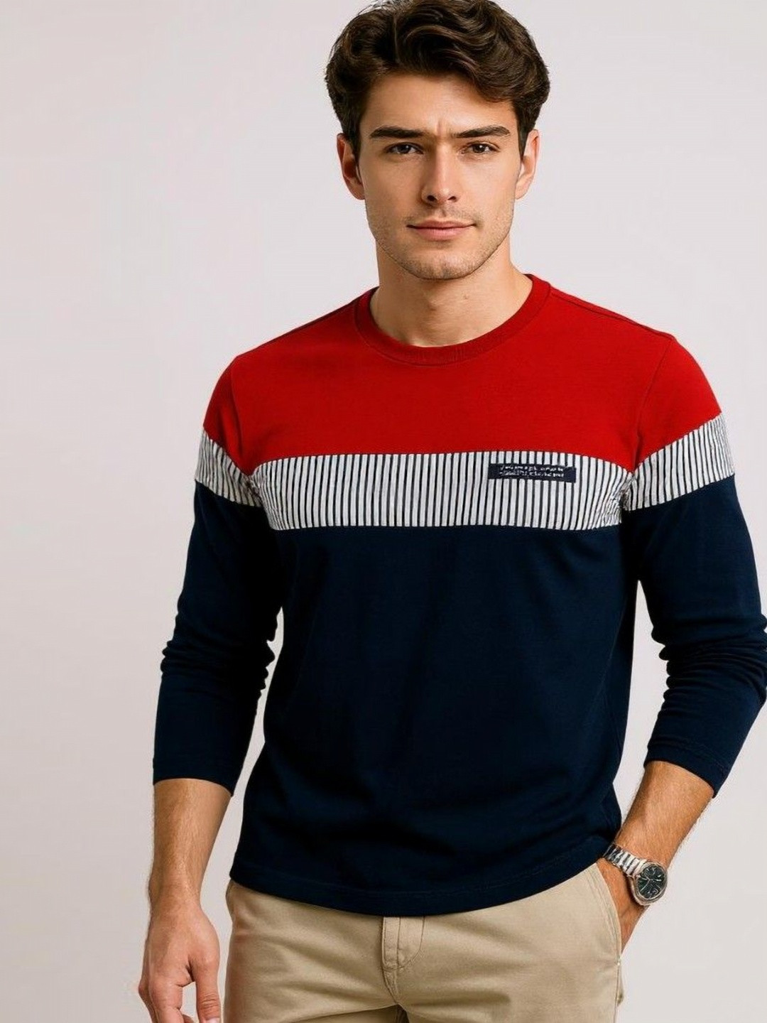 AUTNA Men Colourblocked Round Neck Cotton T-shirt