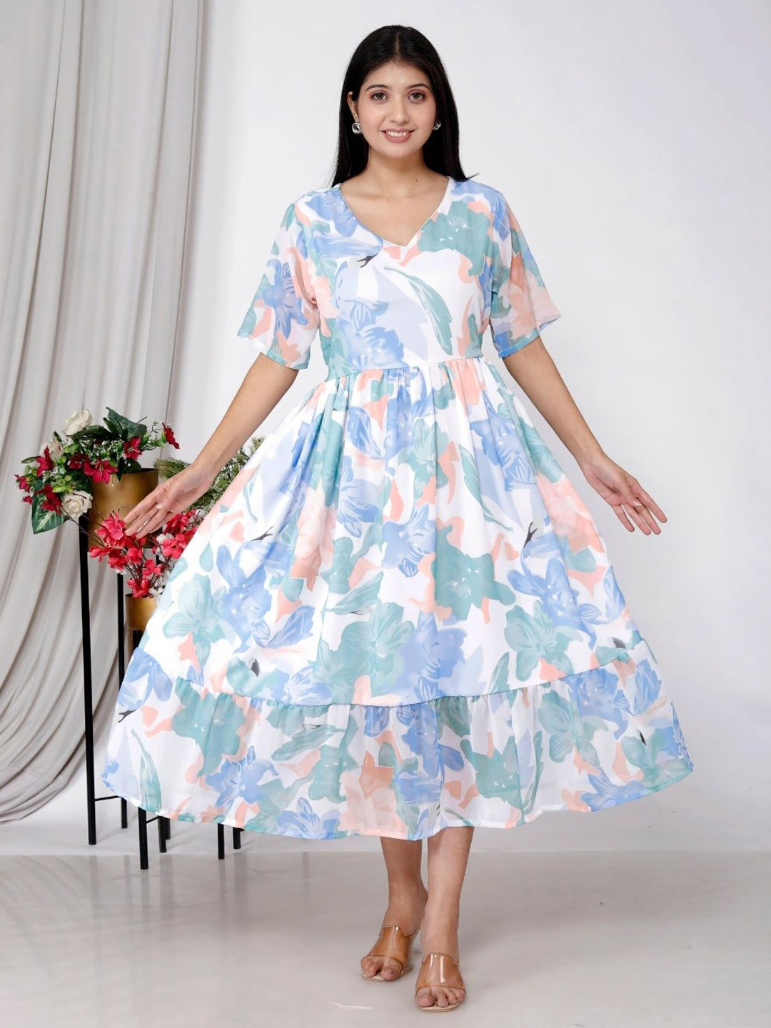 Akrish Women Floral Printed V-Neck Fit & Flare Midi Dress