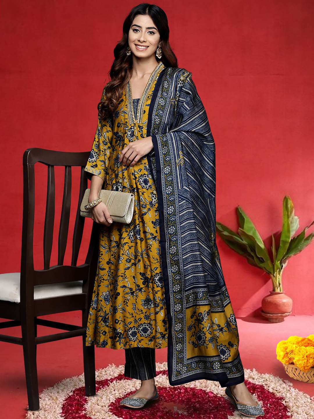 Varanga Women Floral Printed A-Line Kurta with Trouser & Dupatta