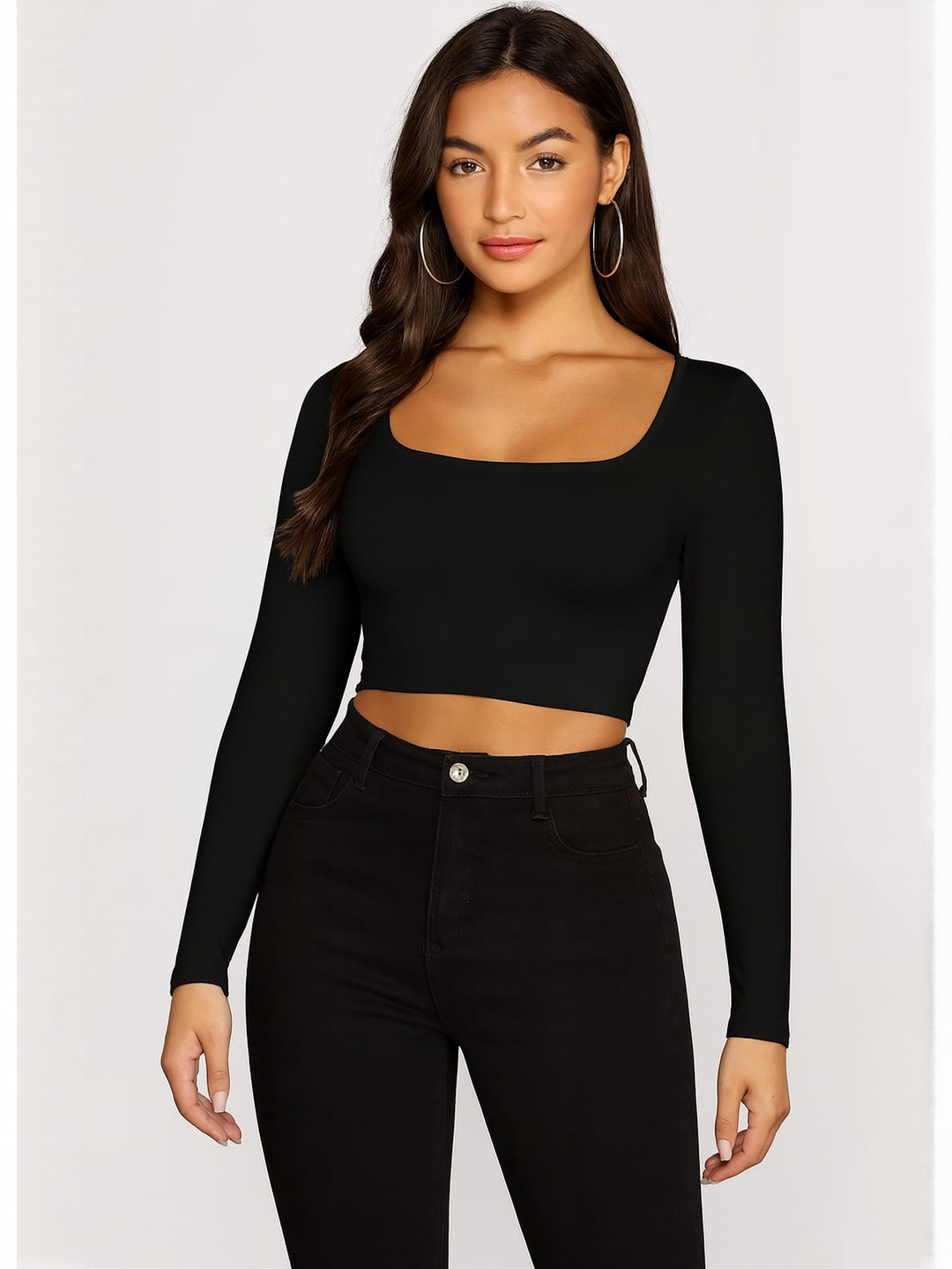 PUERY  Women Solid Square Neck With Long  Sleeves Crop Top