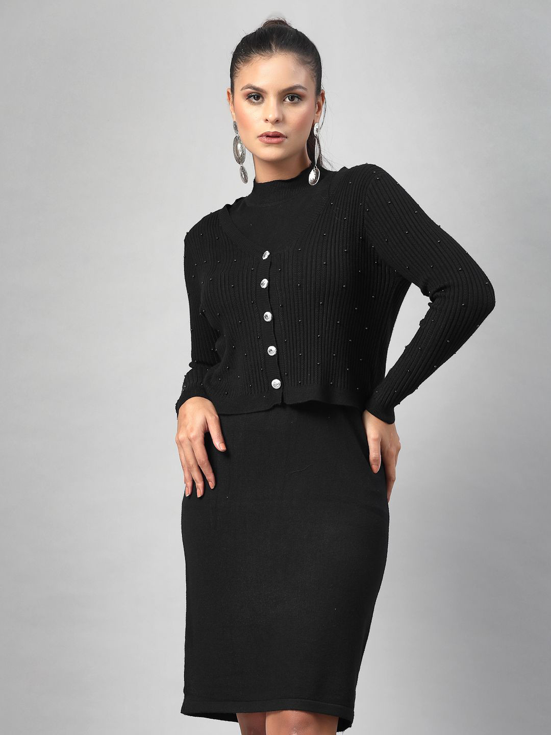 Mafadeny Mock Neck Dress with Pearl Embellished Cropped Cardigan