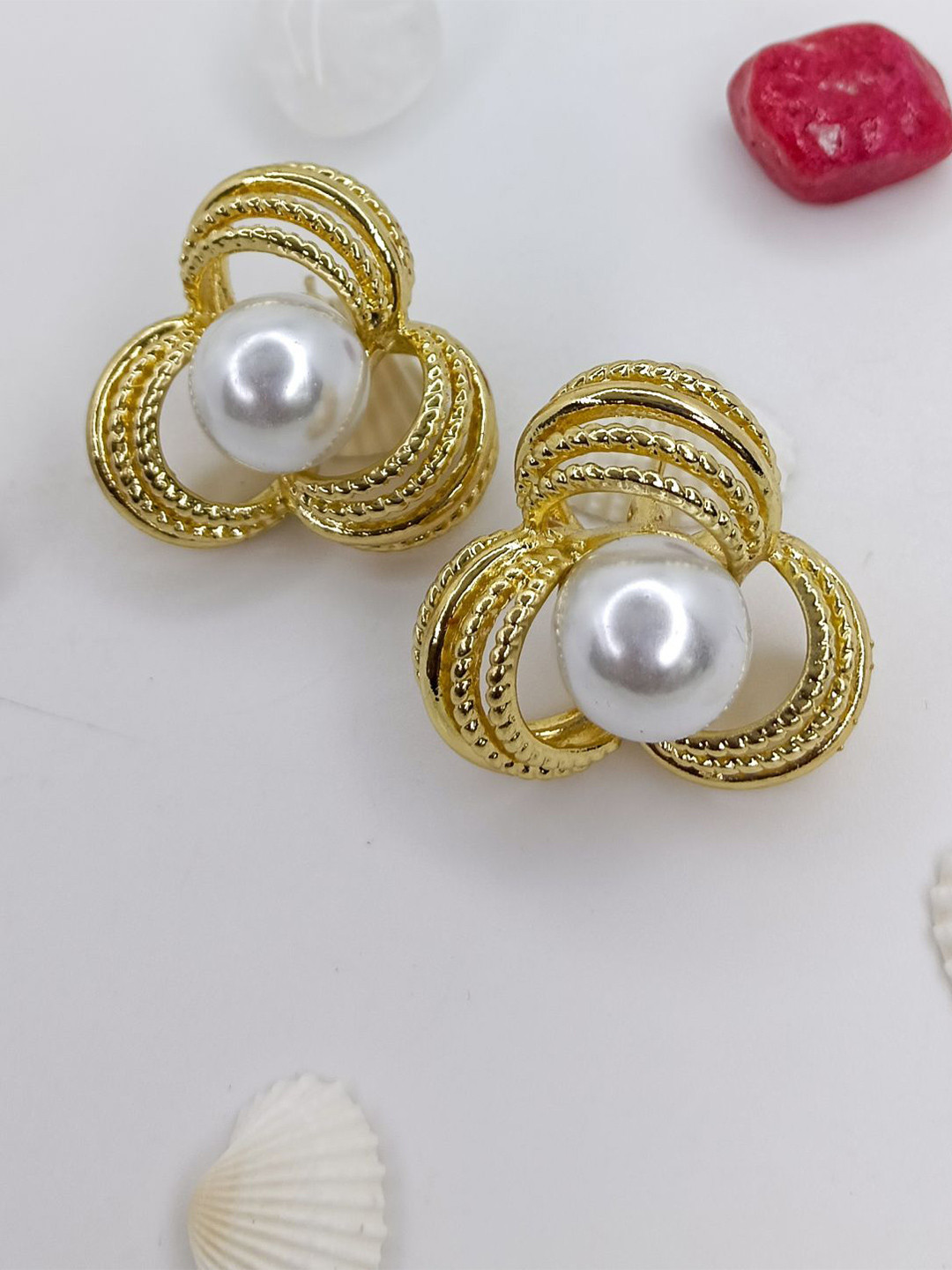 VELVET IMPERIAL Gold-Plated Pearls Studded Spherical Shaped Drop Earrings