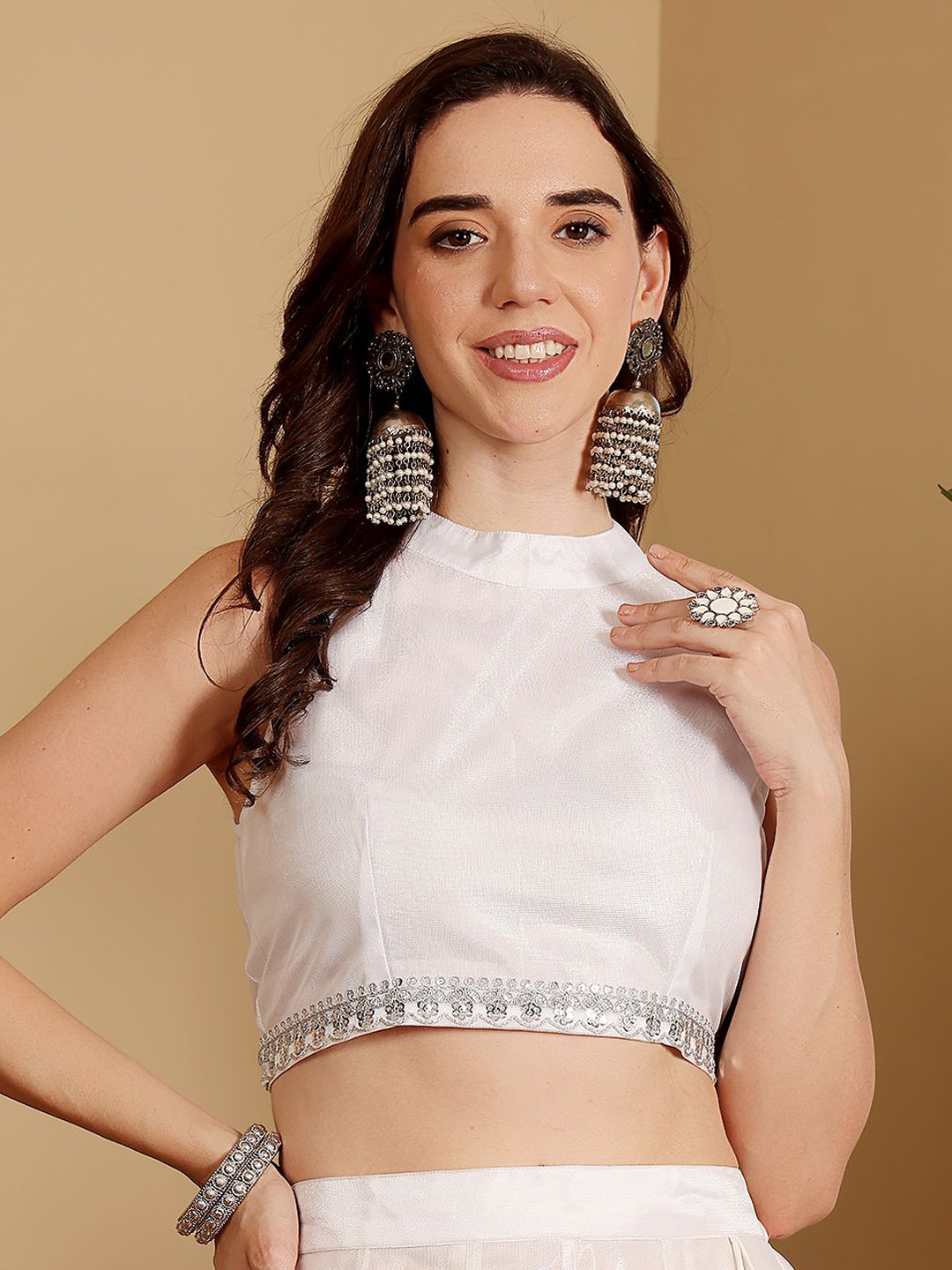 Frolic Rolic Women Sequin Embellished Mandarin Collar Lace-Detail Sleeveless Saree Blouse