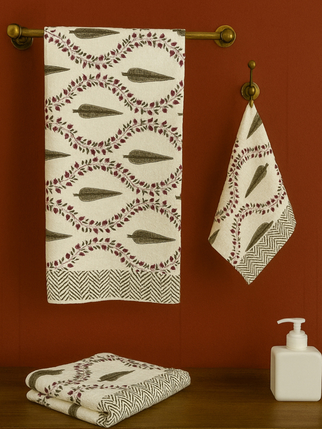LIVING ROOTS Grey 3 Pieces Block Printed 210 GSM Waffle Cotton Soft & Absorbent Towel Set