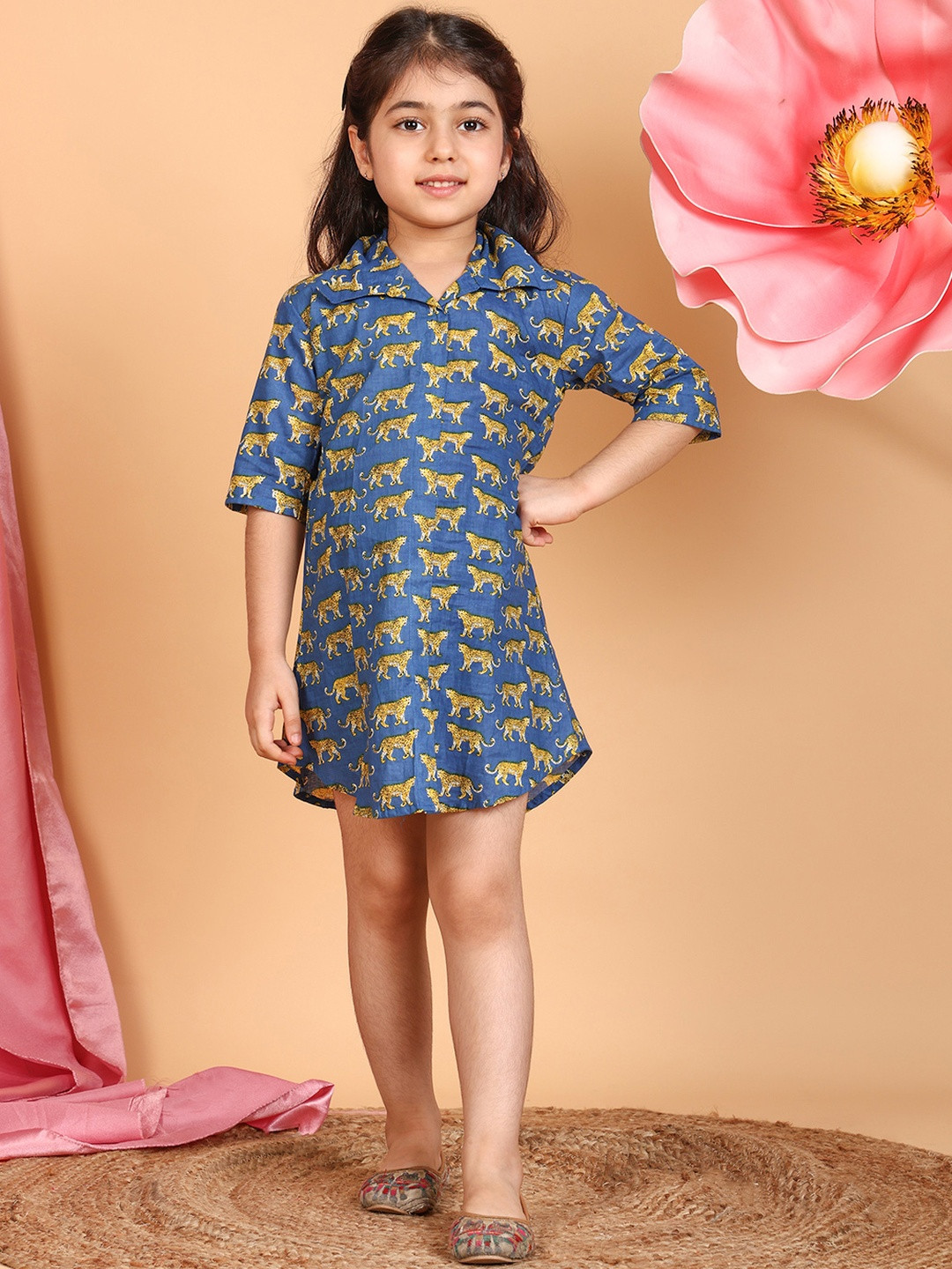 Sangria Girl Blue Cotton Tiger Printed 3/4 Sleeves Shirt Dress