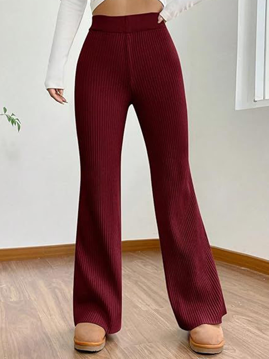 DIGITAL SHOPEE Women Ribbed Flared High-Rise Trouser
