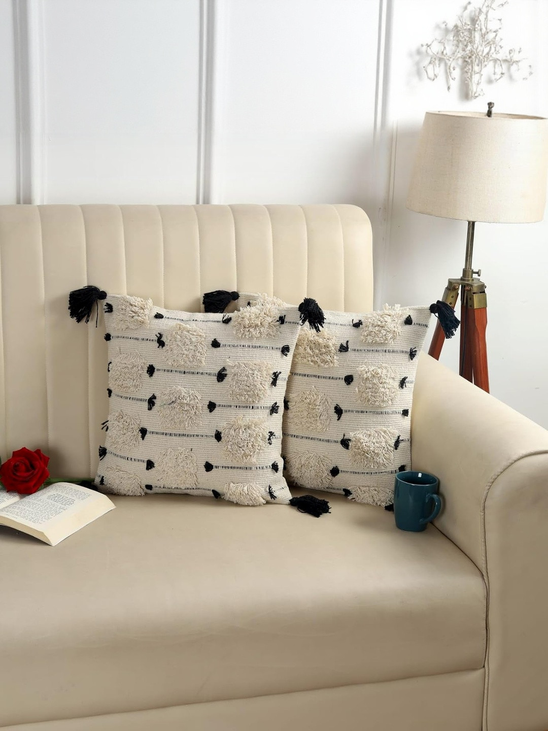 TINDLER KNOTS Beige Set of 2 Boho Square Cushion Covers