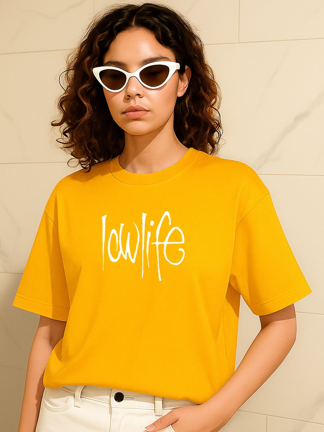 PVC RAIMENTS Women's Pure Cotton Yellow Printed Tshirt