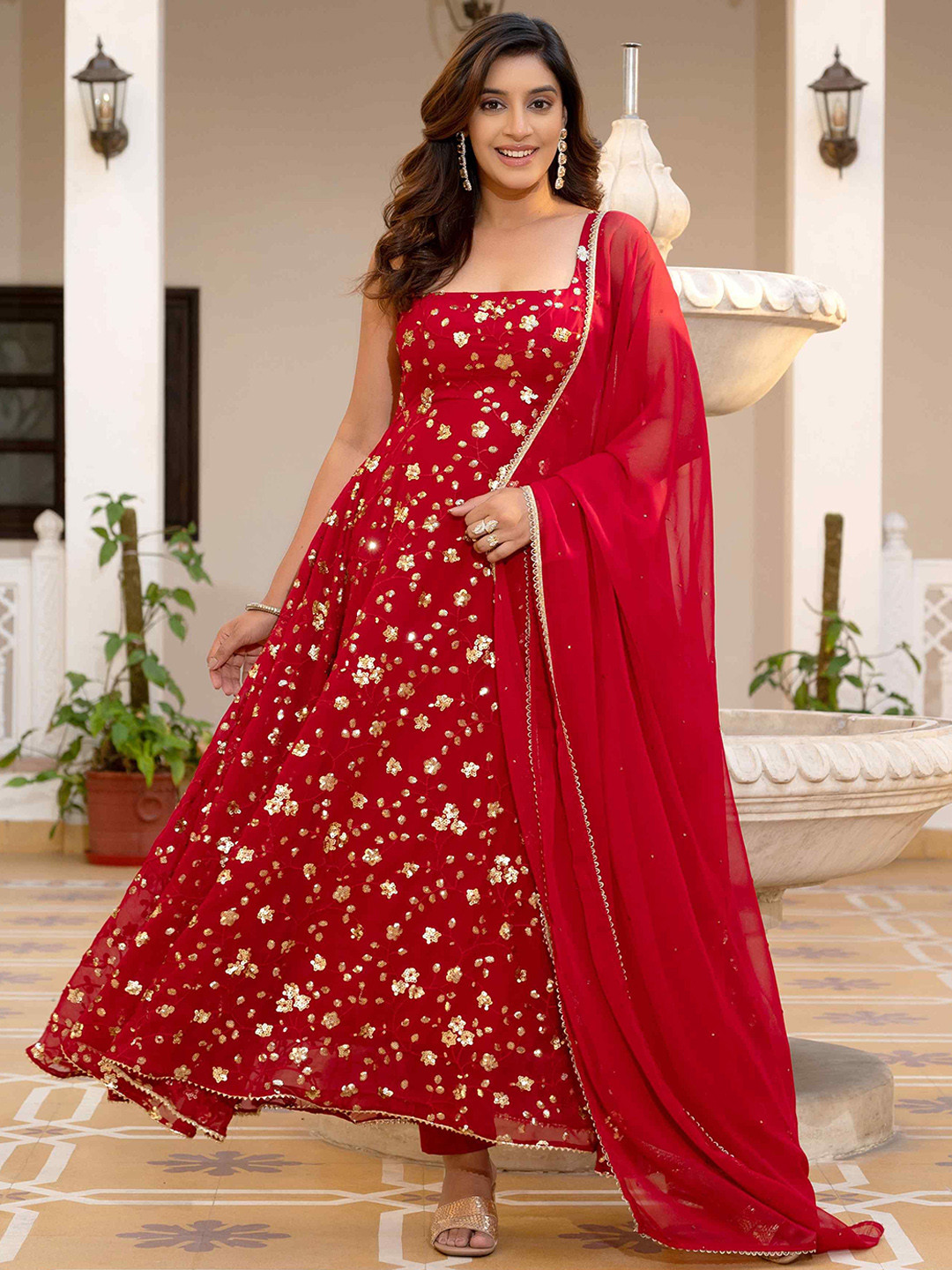 TextileNow Floral Embroidered Square Neck Sequinned Anarkali Kurta With Trousers & Dupatta