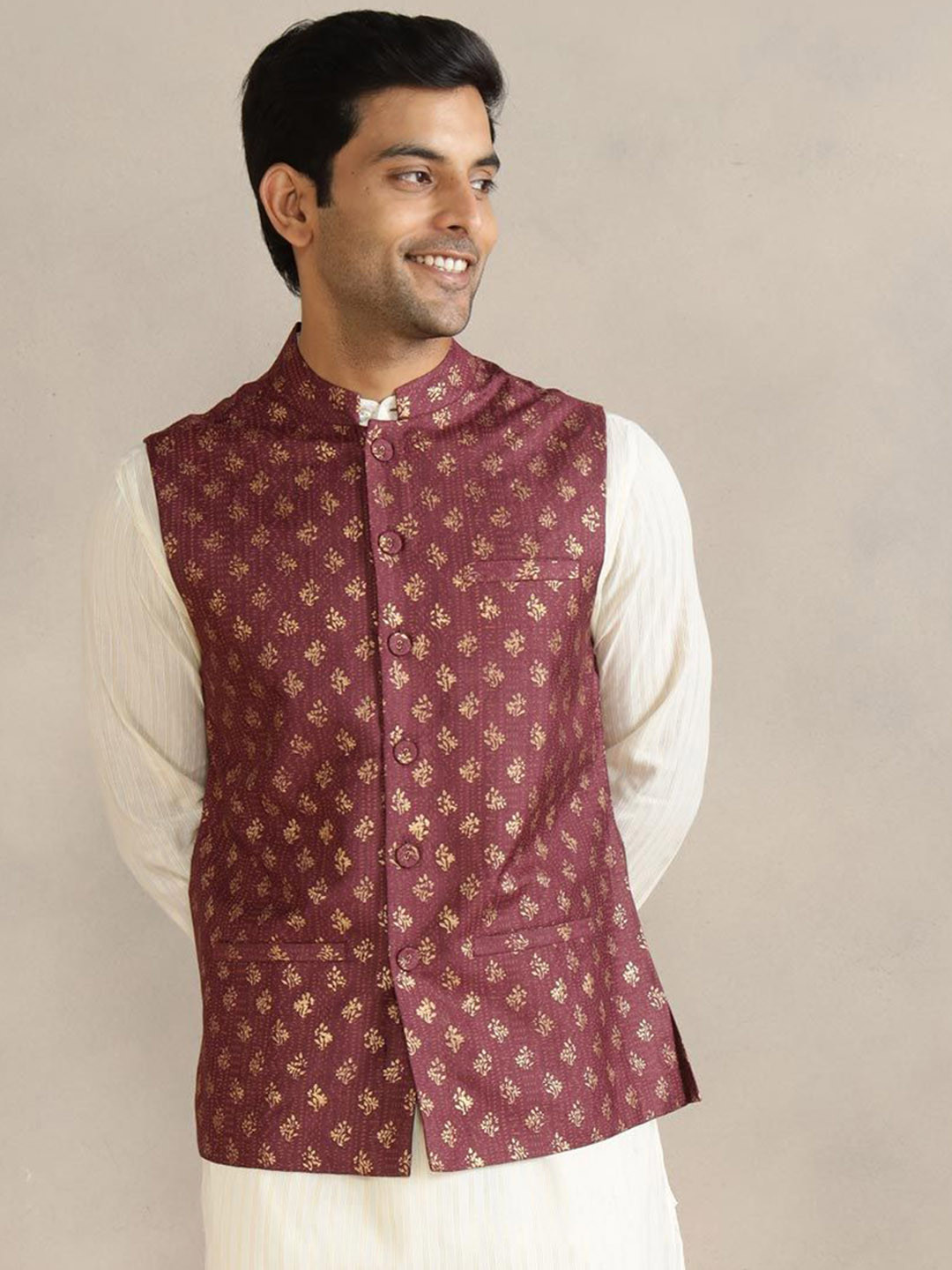 Fabindia Men Hand Block Printed Pure Silk Nehru Jacket