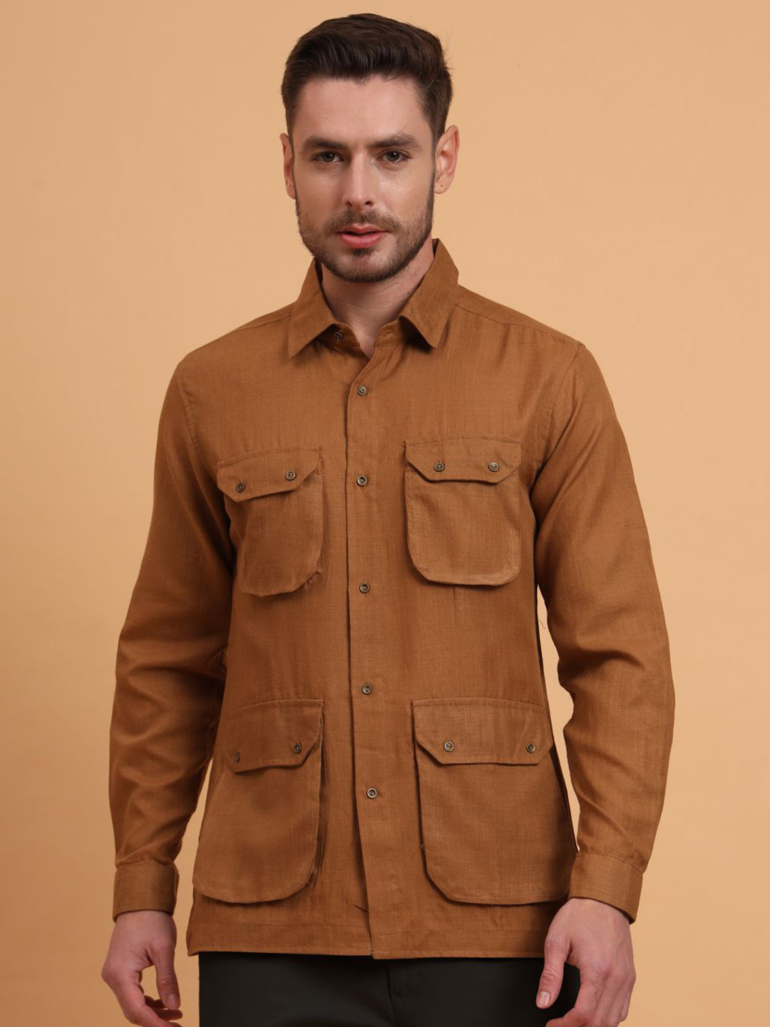 House of Pataudi Men India Slim Fit Solid Spread Collar Cotton Casual Shirt