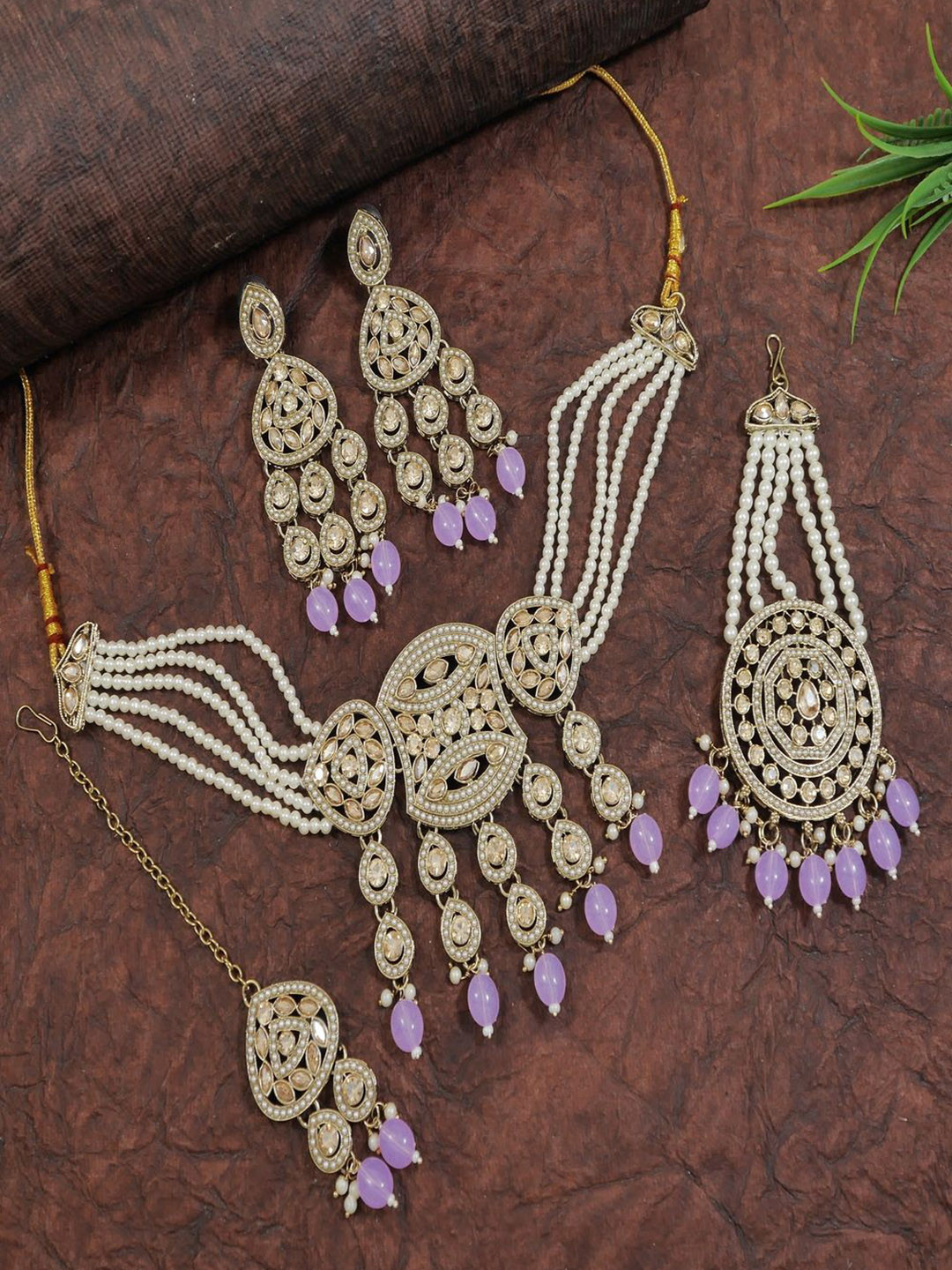 SGA FASHION Gold-Plated Stones Studded & Pearls Beaded Necklace & Earrings With Maang Tika