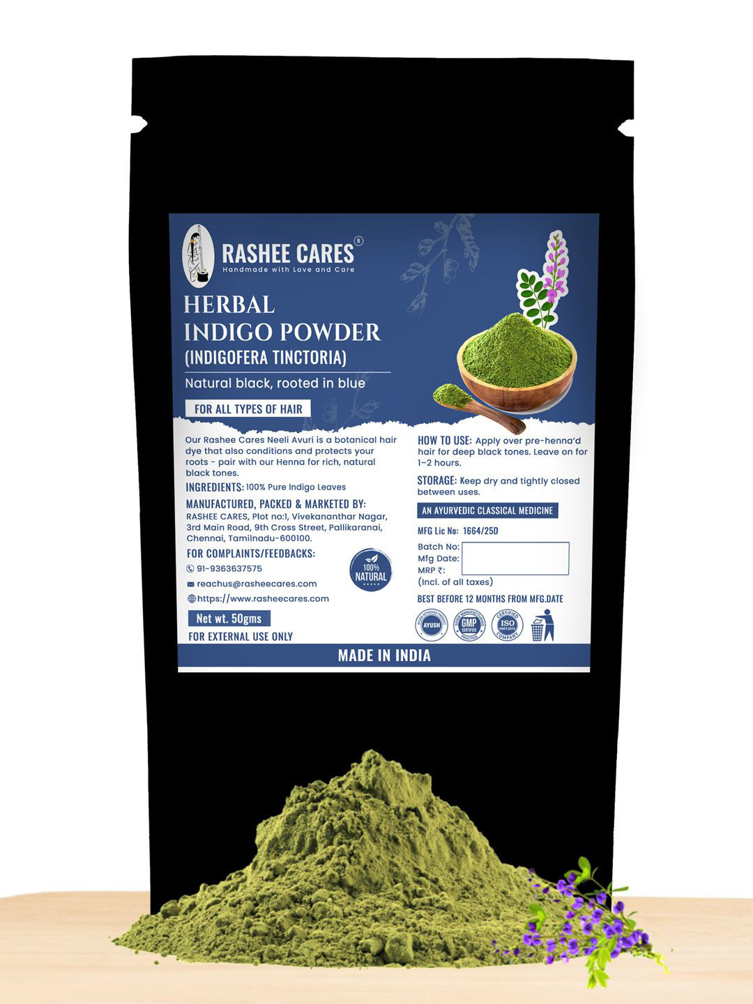RASHEE CARES Herbal Indigo Powder - 50 g - Bluish