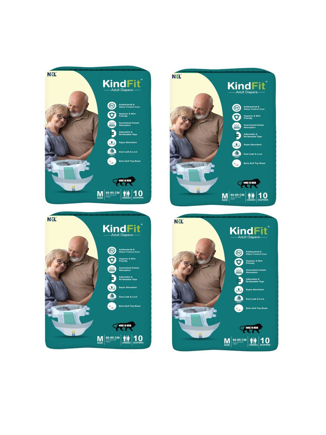 Kindfit Set Of 4 Tape Style Disposable Adult Diapers - 10 Pcs Each - M