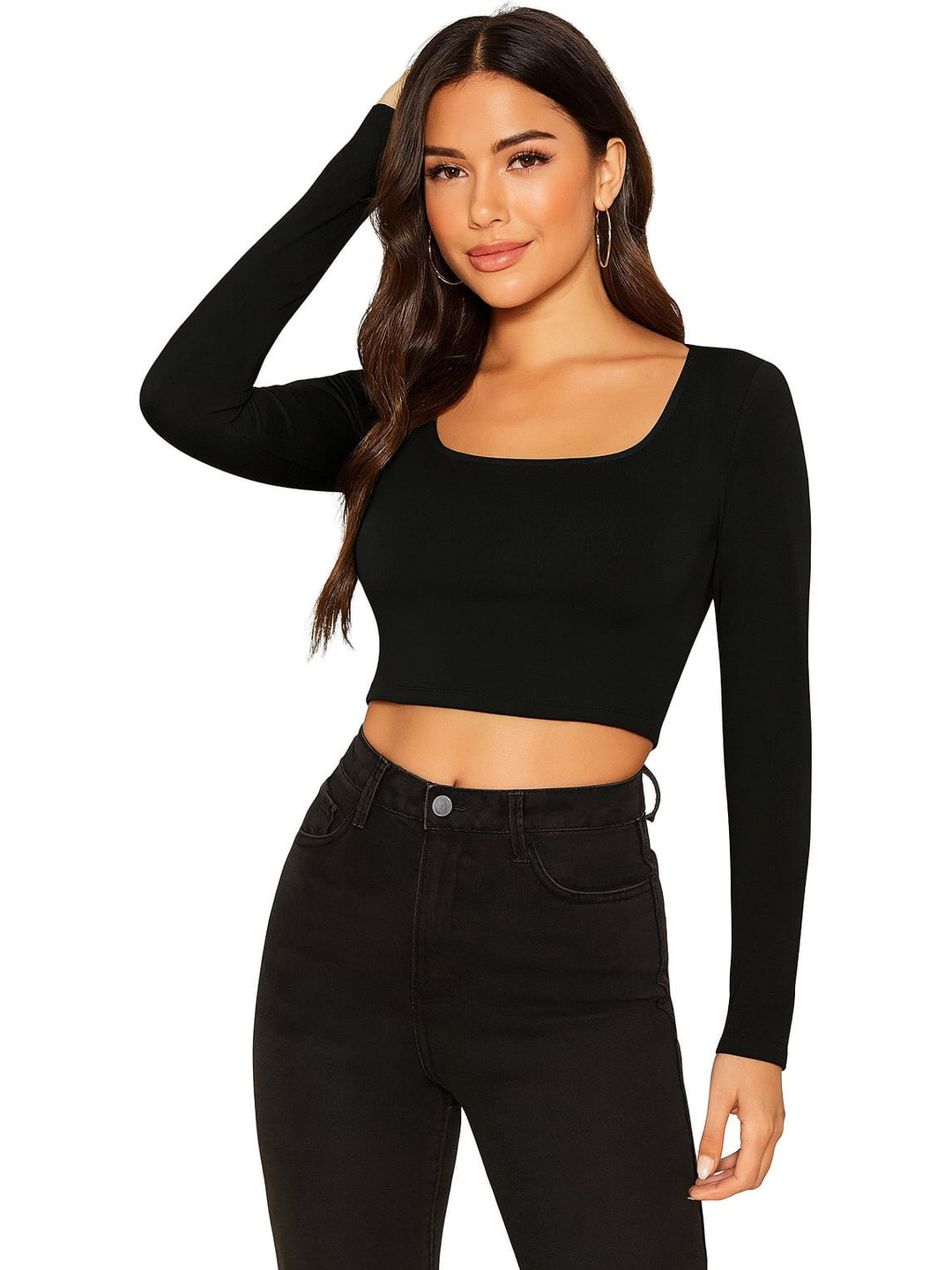 PUERY  Women Solid Square Neck With Long  Sleeves Crop Top