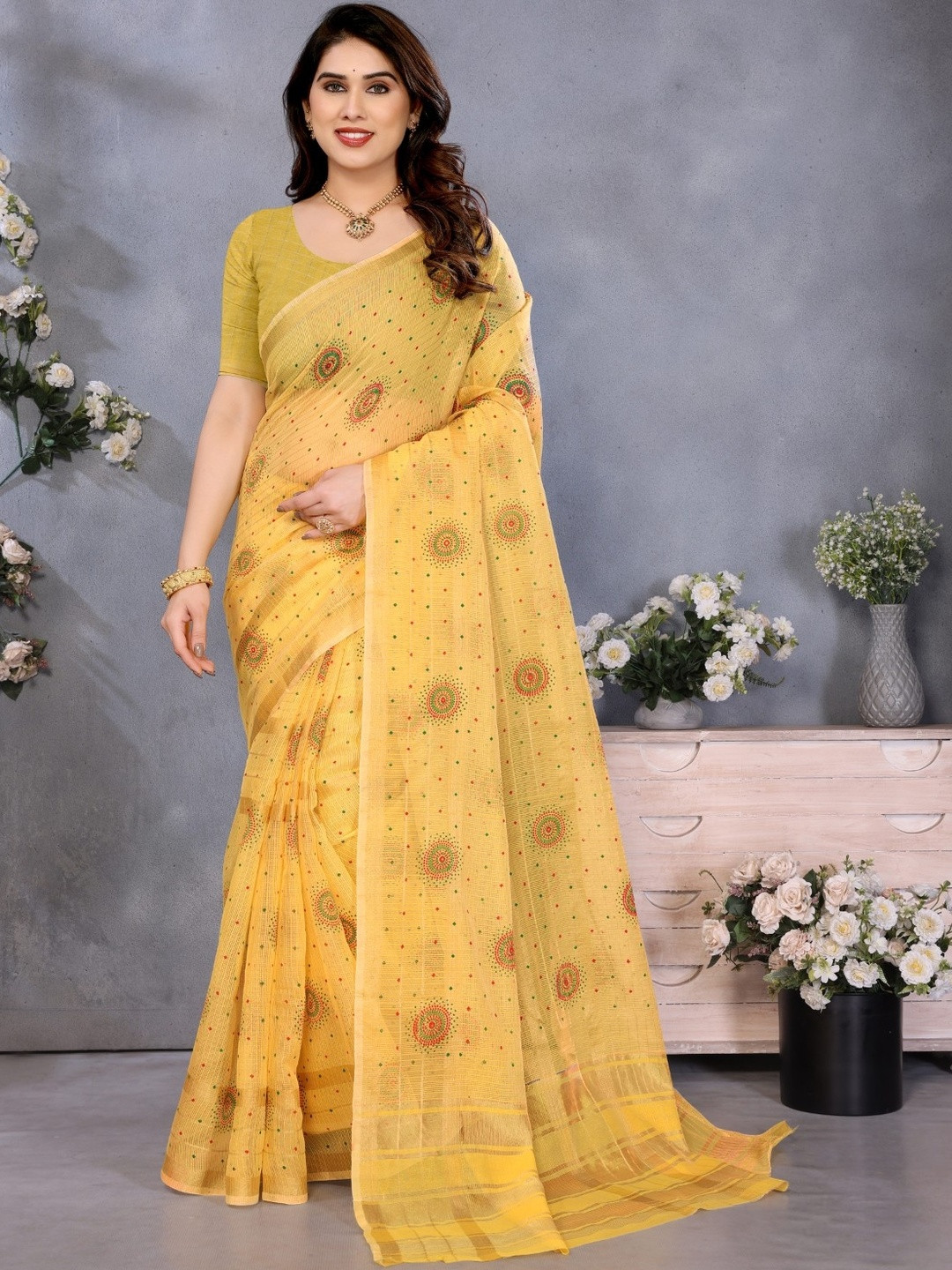 Moda Rapido Women Yellow Kota Doria Cotton Manipuri Printed Saree With Blouse Piece