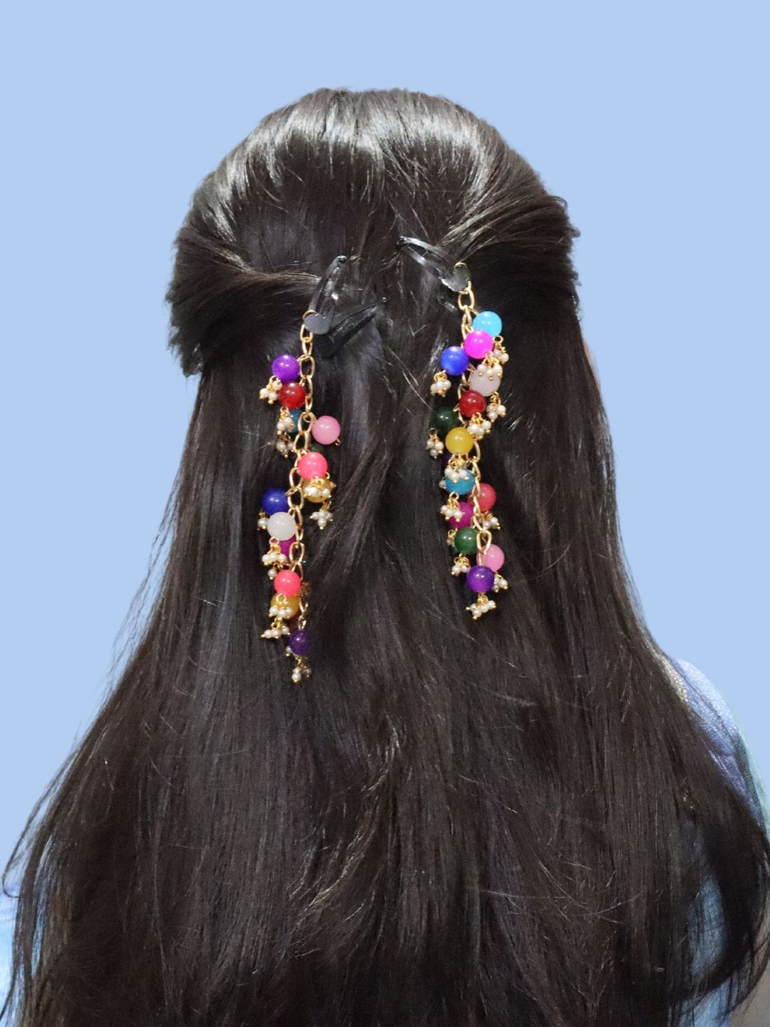 Kamule Girls Set of 2 Black & Multi-Colour Beads Embellished Tic Tac Hair Clips