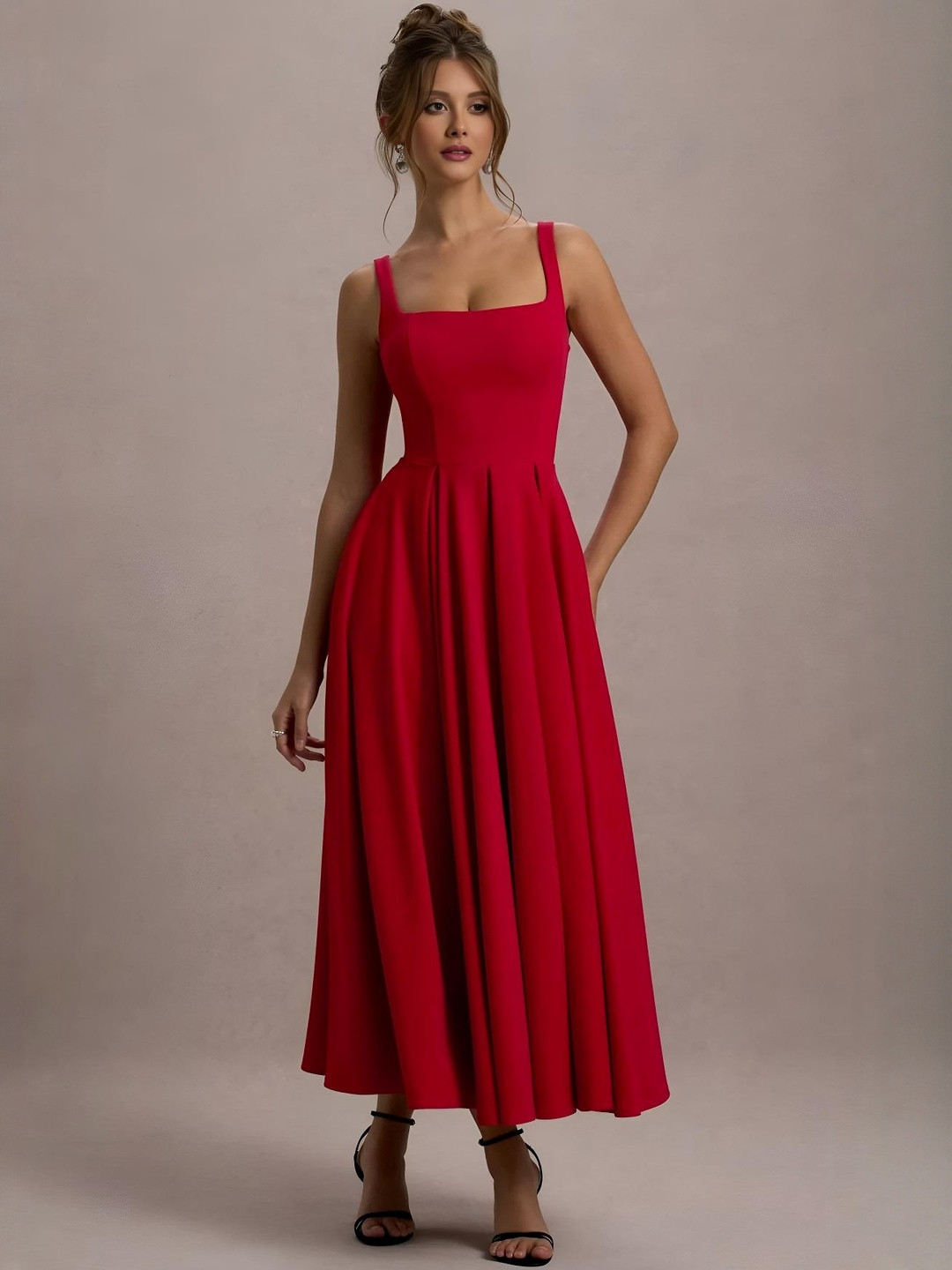 WANQUILA Women Red Satin Sleeveless A Line Maxi Dress