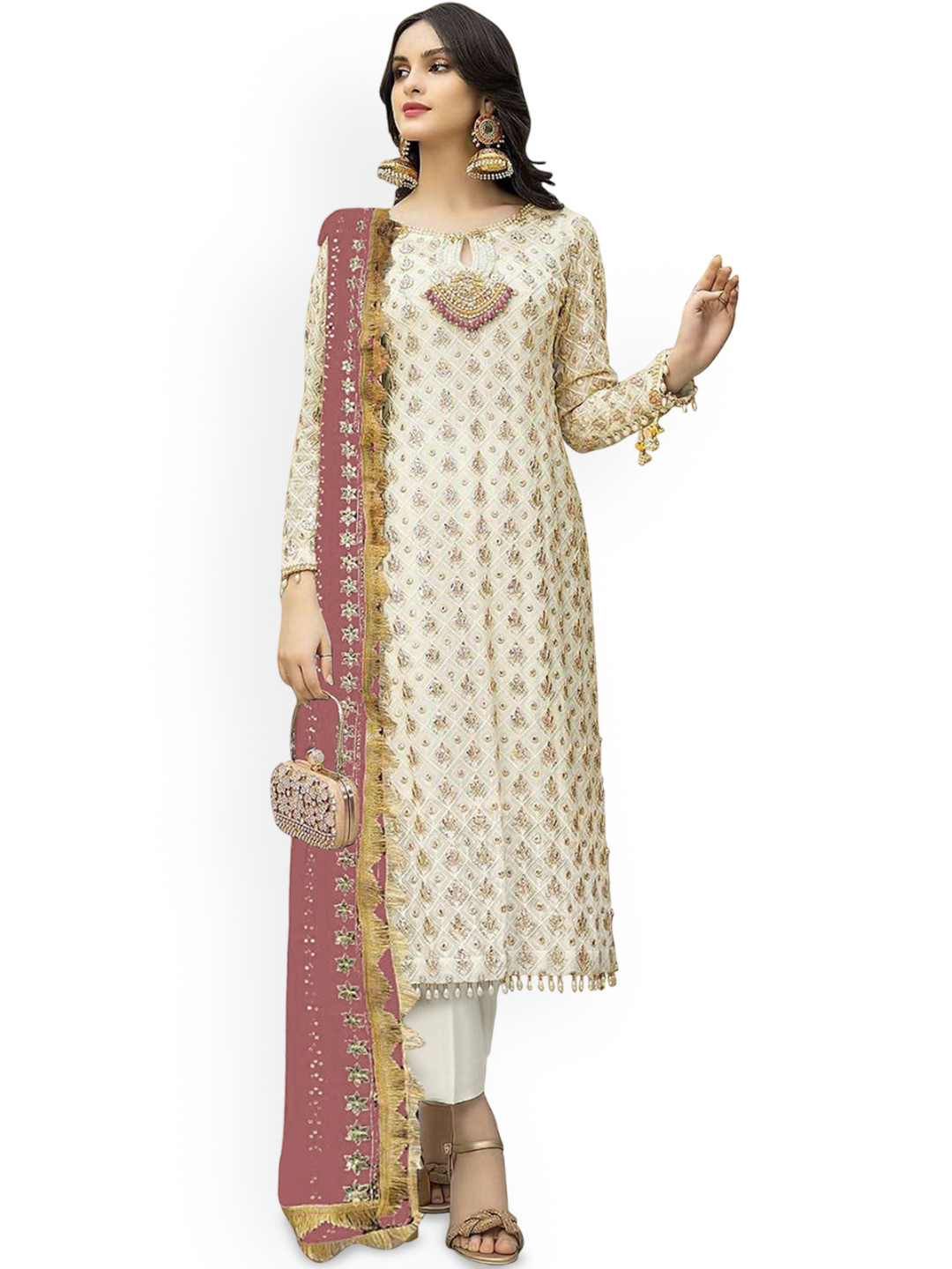 ZONFAB Floral Embroidered Sequinned Georgette  Semi-Stitched Dress Material