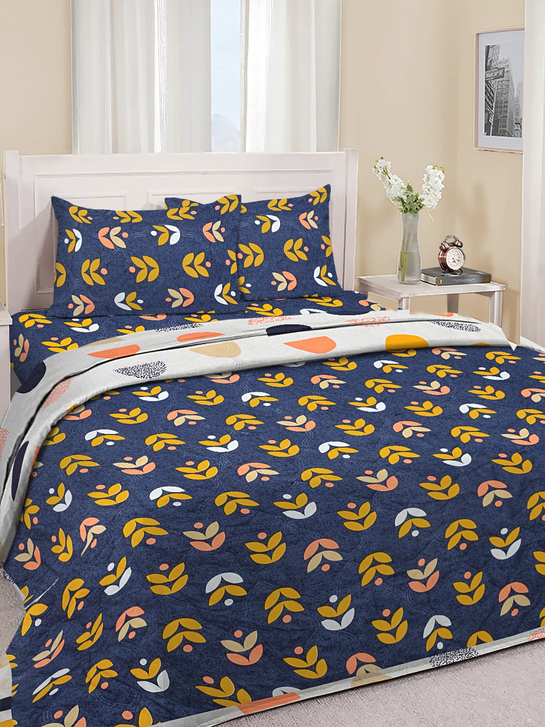 Myntra Elegant Homes Navy Blue Floral Polycotton 4 Piece Double King Fine Bedding Set