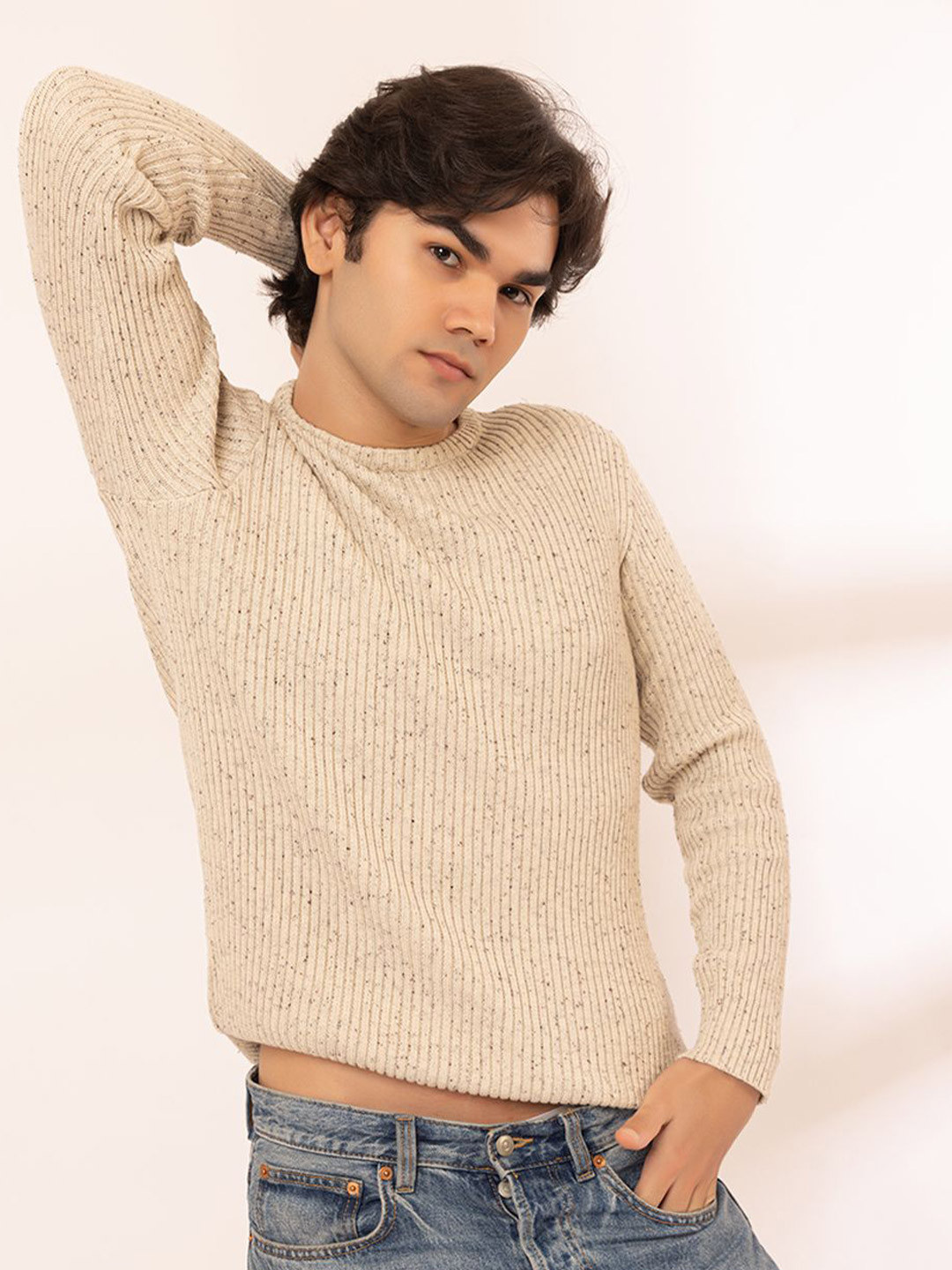 ARMISTO Men Chunky Rib Knit French Vanilla Textured Pullover