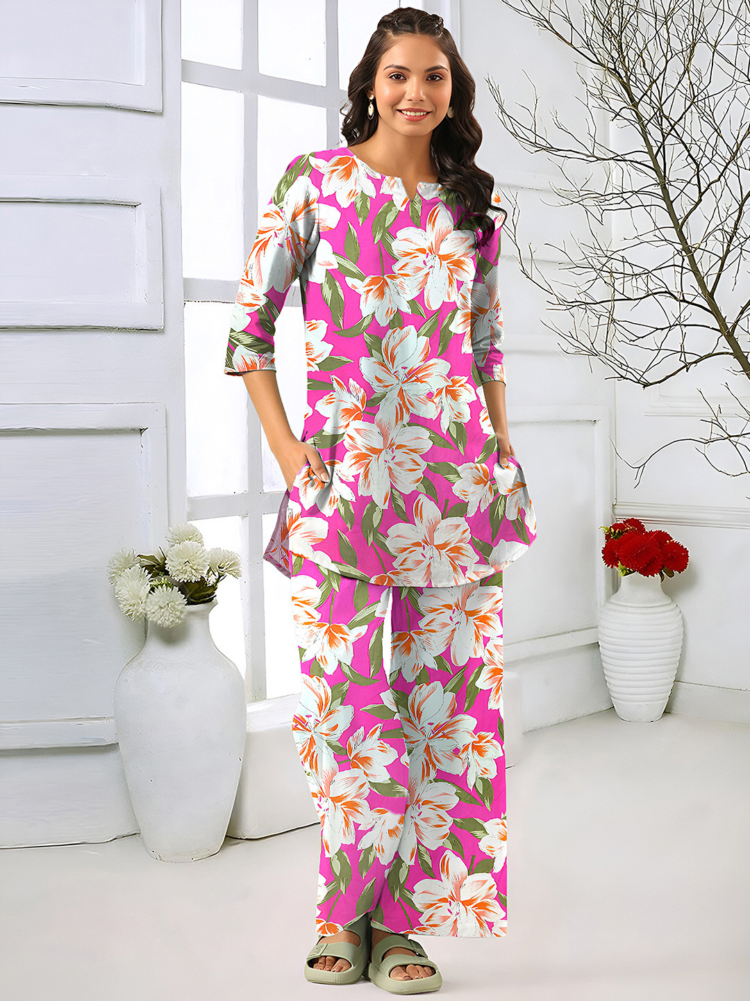 SZN Women Pure Cotton Printed Kurta And Palazzo Co-Ord Set