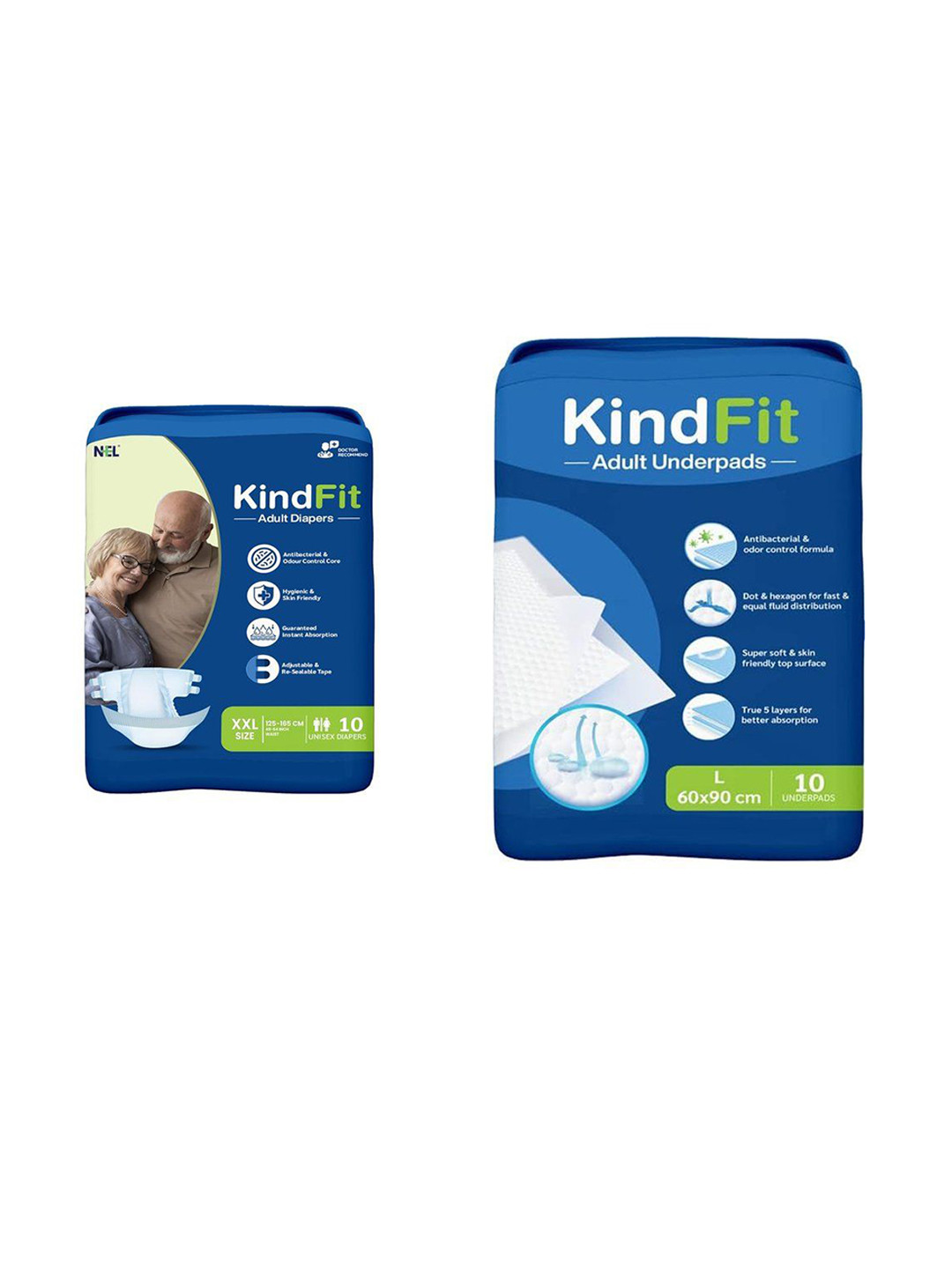 Kindfit Unisex Set Of 2 Tape Style Adult Diapers With Underpads - 10 Pcs Each - Double XL