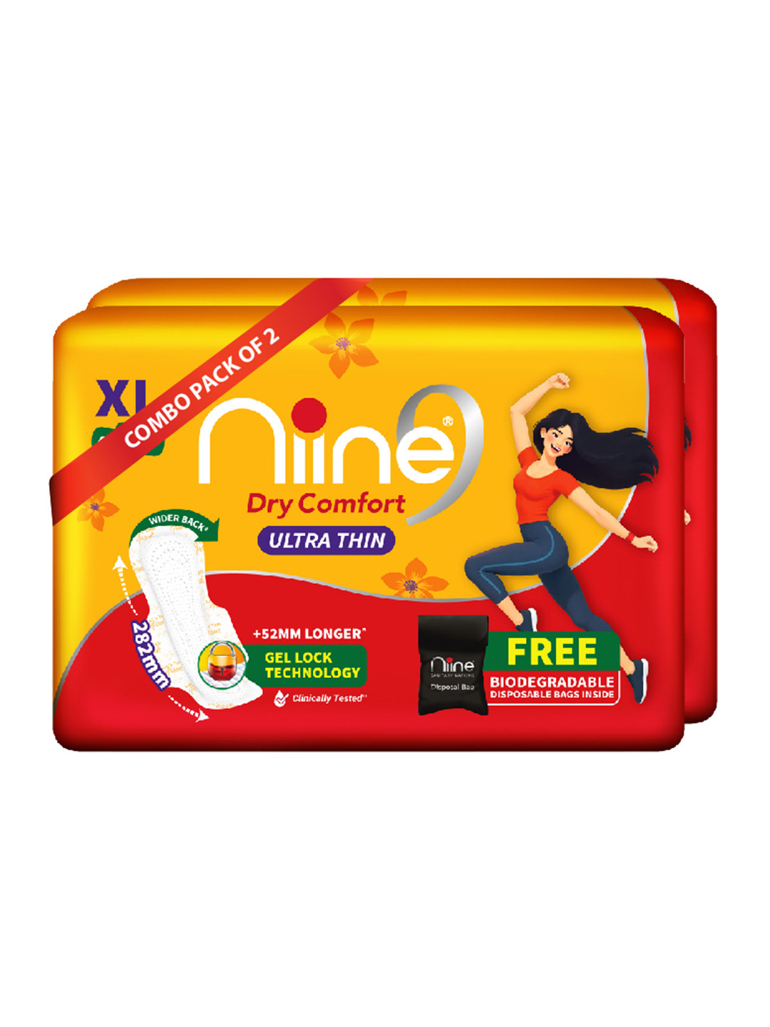Niine Set of 2 XL Dry Comfort Ultra Thin Pads With Gel Lock And Disposable Bags 100 Pads