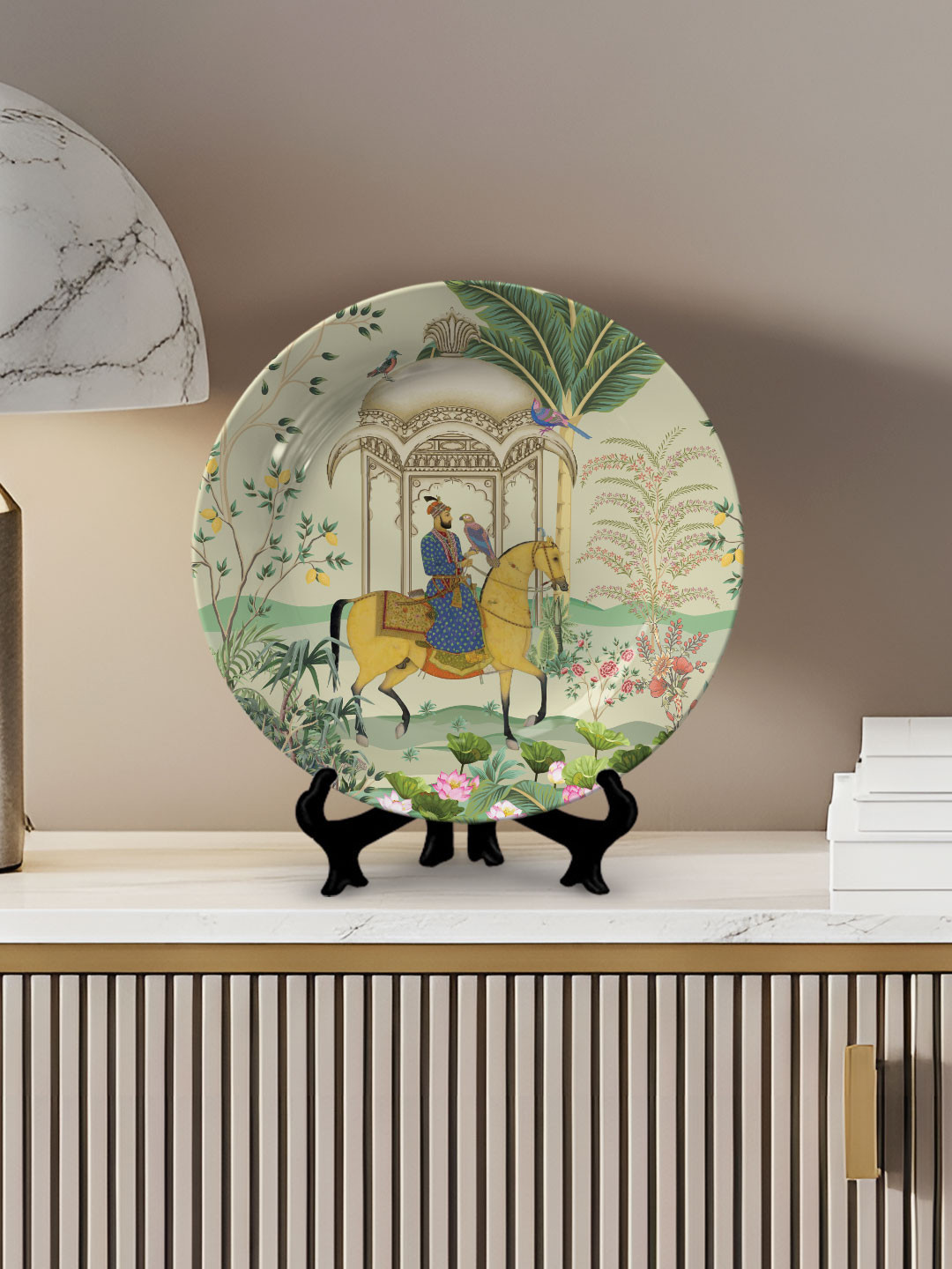 DESSINE ART Green Traditional Mughal Emperor Holding Eagle Ceramic Decorative Wall Plate