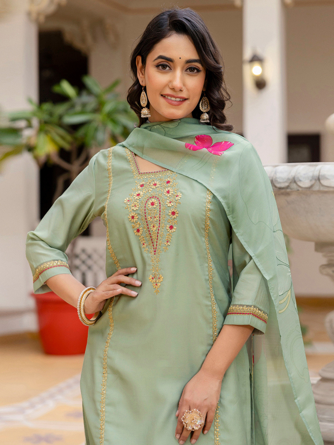 Skylee Pop Ethnic Motifs Embroidered Sequinned Straight Kurta With Trousers & Dupatta