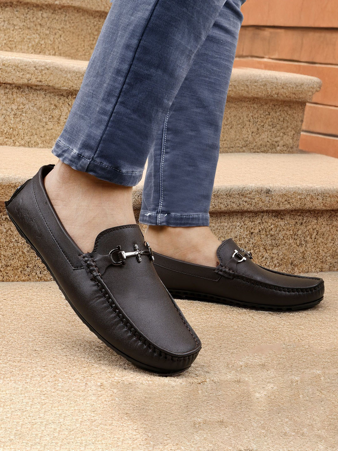 T-Rock Men Round Toe Slip On Horsebit Loafers