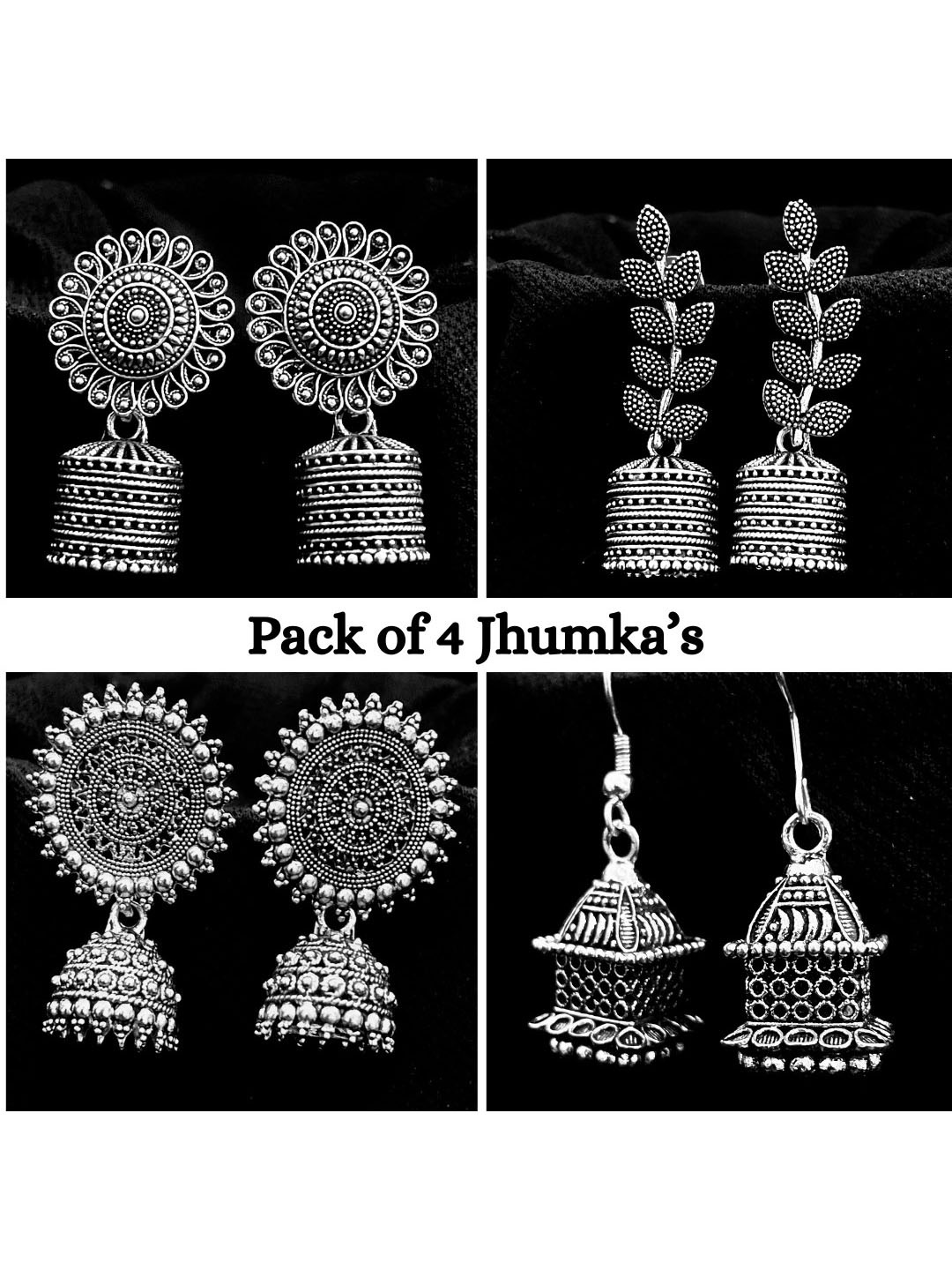 ANNORA INTERNATIONAL  Pair of 4 Silver Oxidised Jhumka Earrings