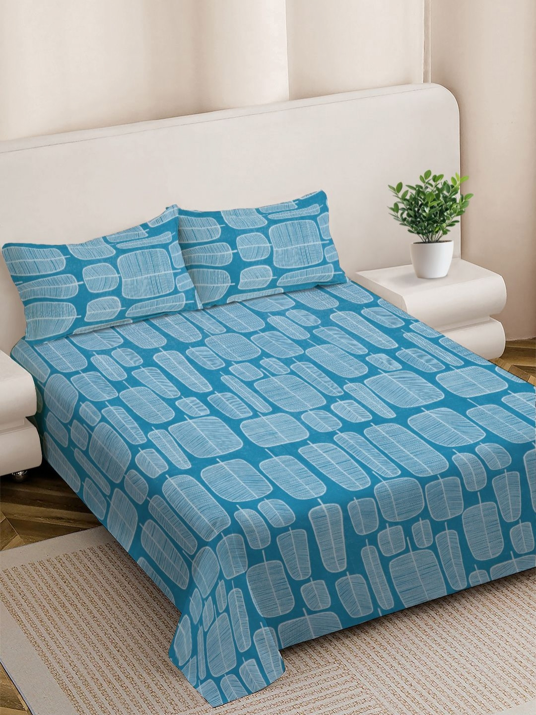 FABINALIV Blue & White Geometric Printed 300 TC King Bedsheet With 2 Pillow Covers