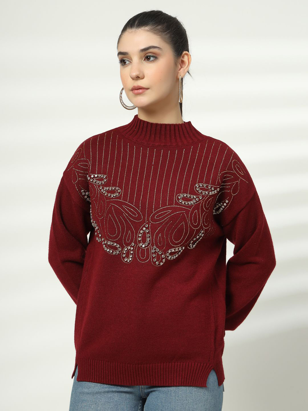 Mafadeny Winter Embellished High Neck Sweater